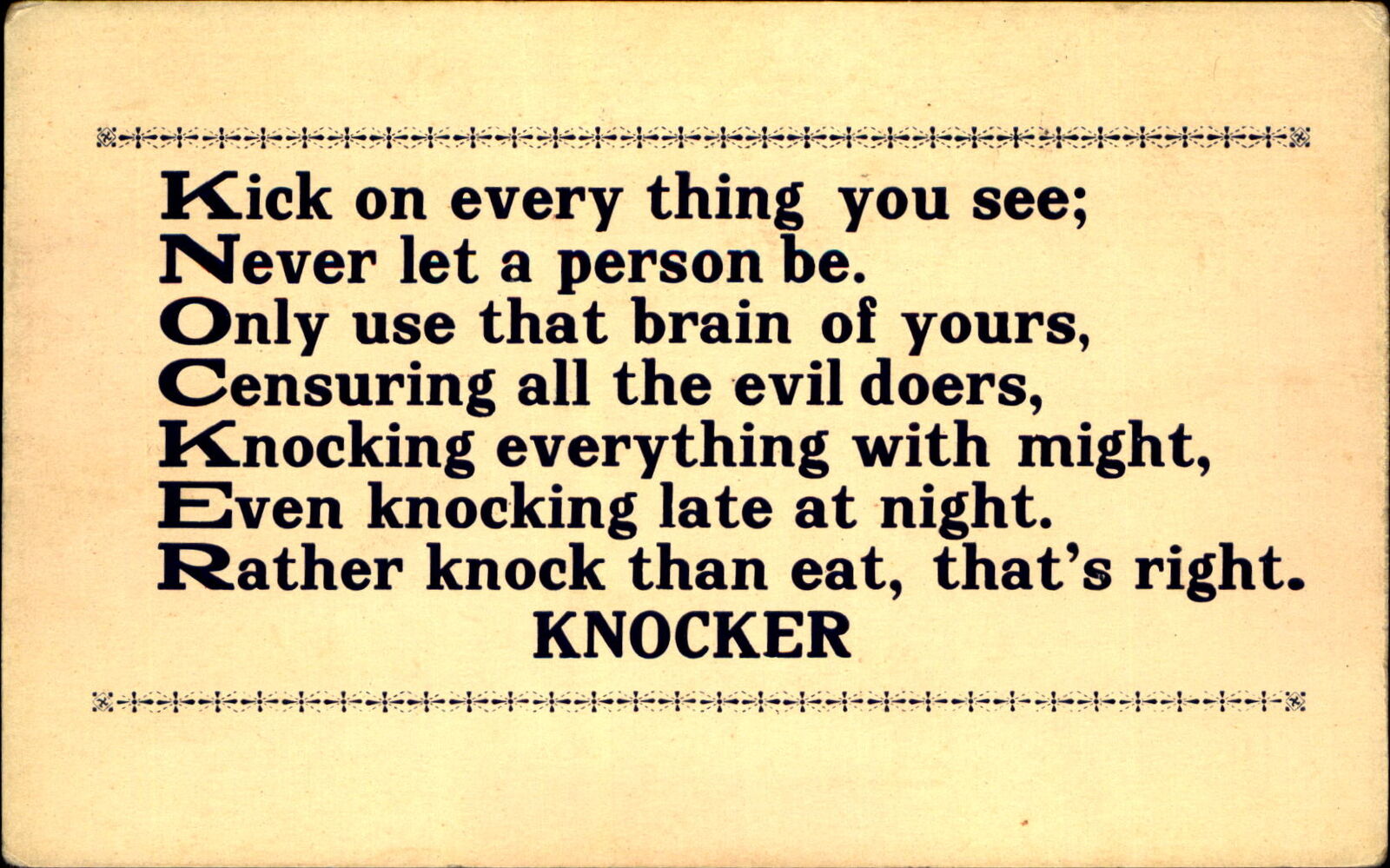 Acrostic poem KNOCKER ~ publ in Carpenter Magazine 1917