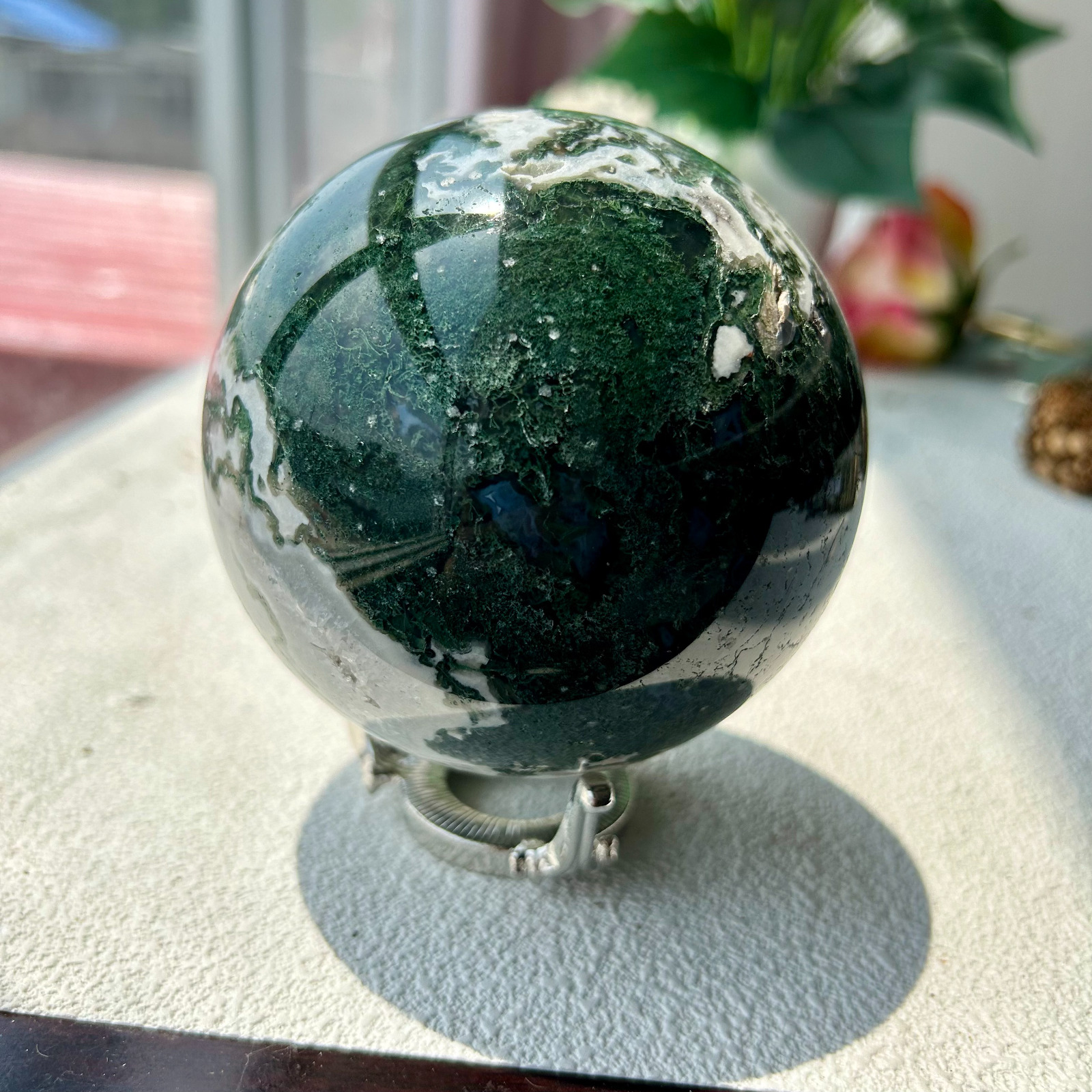 92MM 1100g Natural Druzy Moss Agate Sphere Quartz Crystal Healing 34th