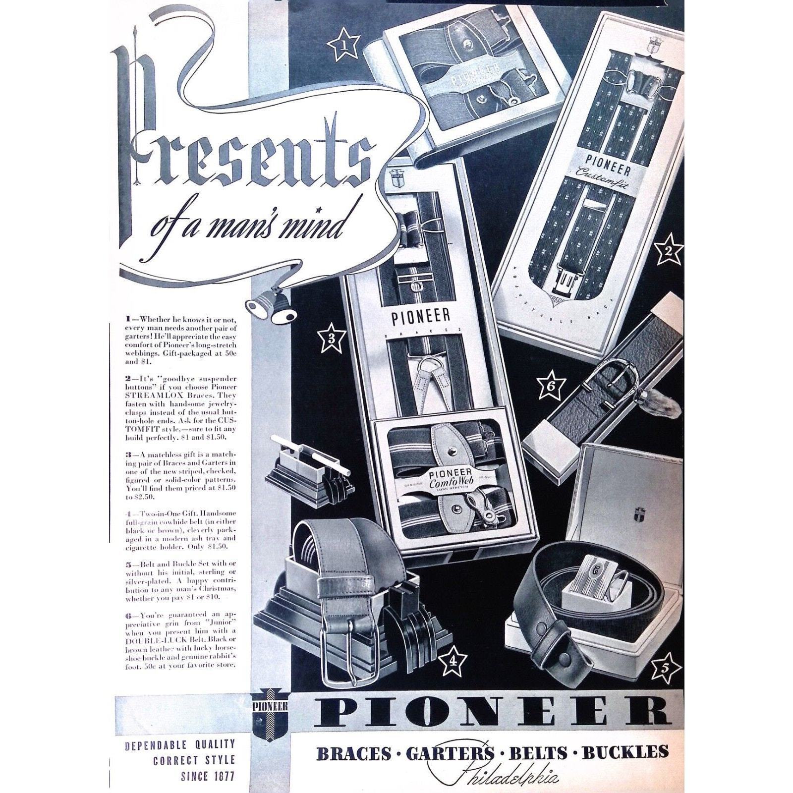 Pioneer Men\'s Accessories 1937 Print Ad Braces Garters Belts Buckles 11\