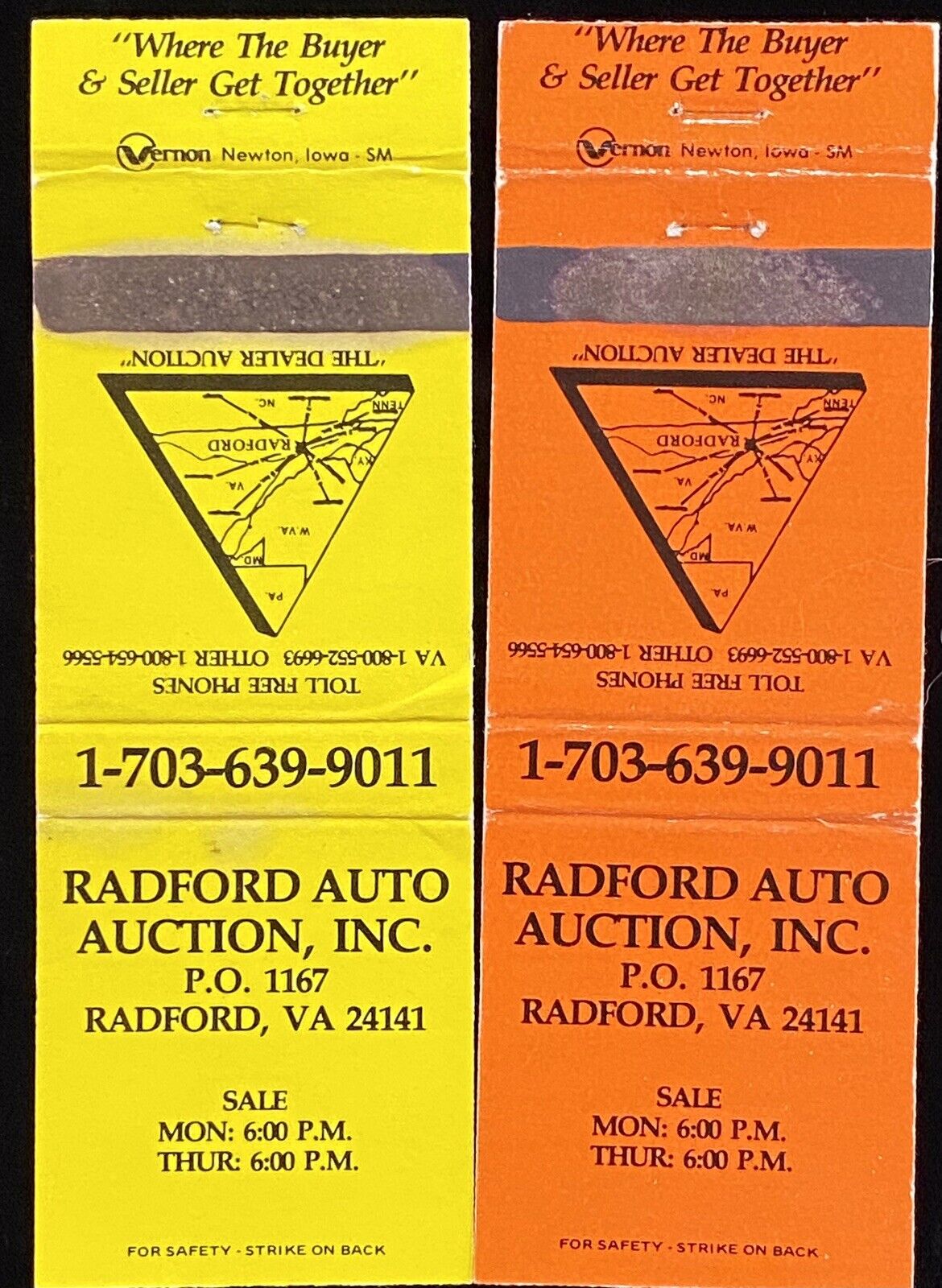 RADFORD Auto Auction Radford Virginia Set Of 2 Vintage Matchbook Covers B-3063