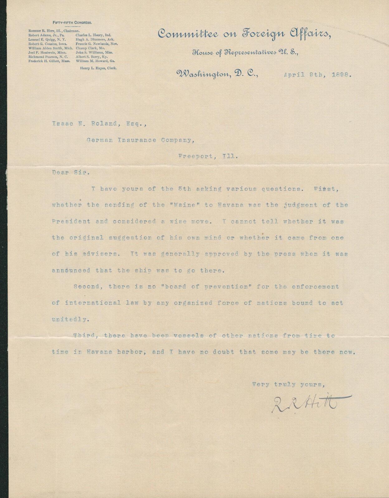 Robert R Hitt SIGNED AUTOGRAPH Letter Congress Committee on Foreign Affairs 1898