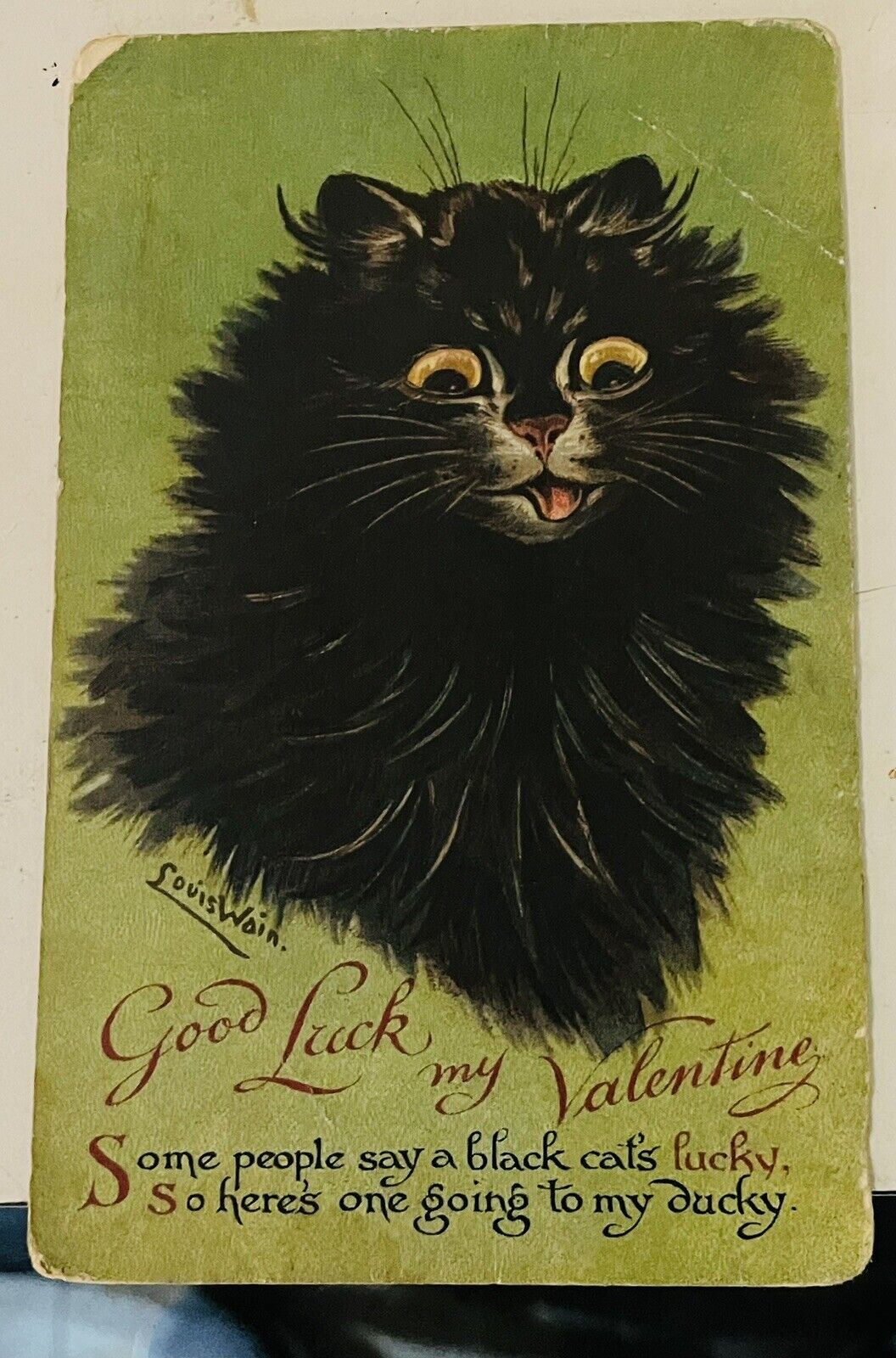 Extremely Rare Early Louis Wain “Good Luck My Valentine Cat” Postcard Blank Back