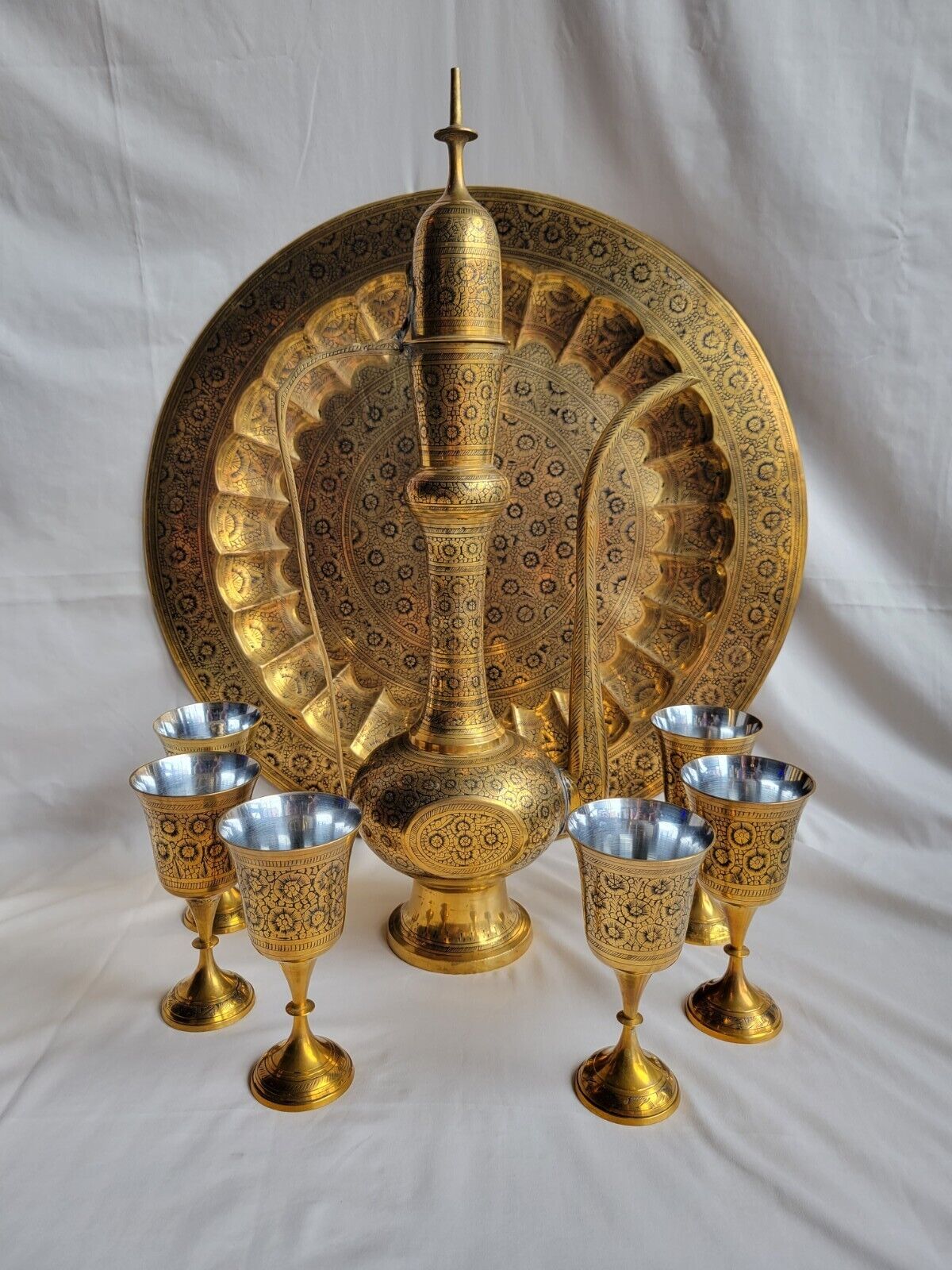 Vintage Asia India Brass Decanter, Chalices/Glasses with Tray - Gorgeous