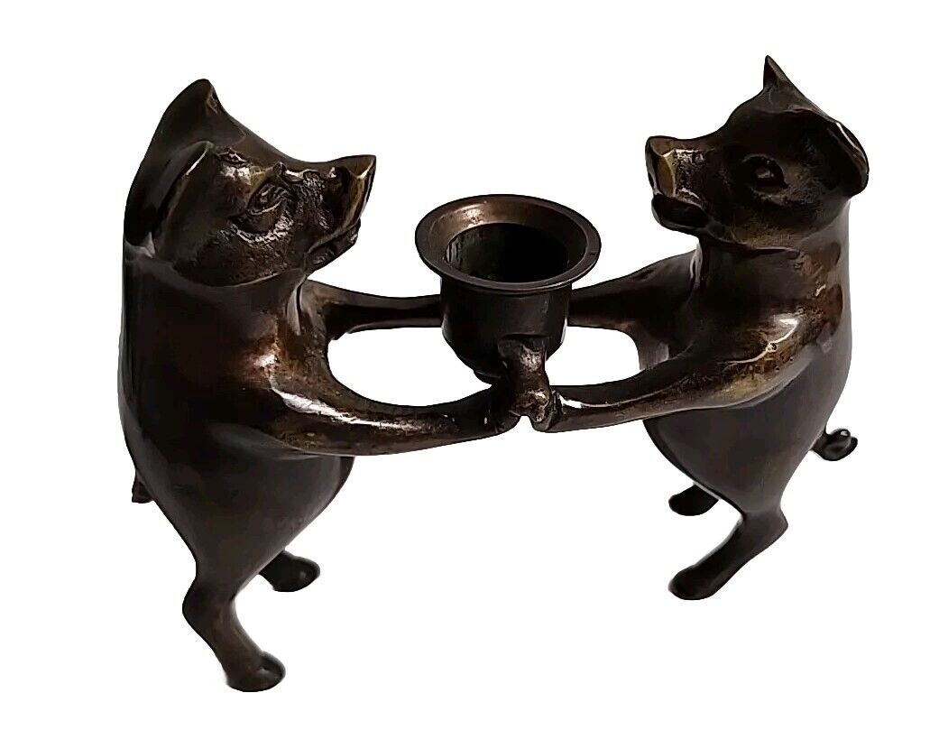 Vintage Bronze Dancing Pigs Candle Holder, Figurine Figural Candlestick Read