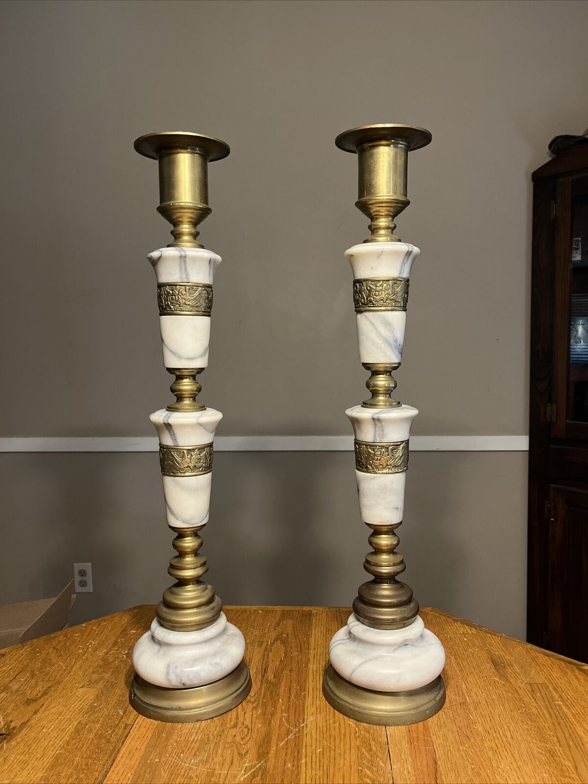 Vintage Pair Of Brass And Marble Altar Candle Holders 27 Inches Tall 