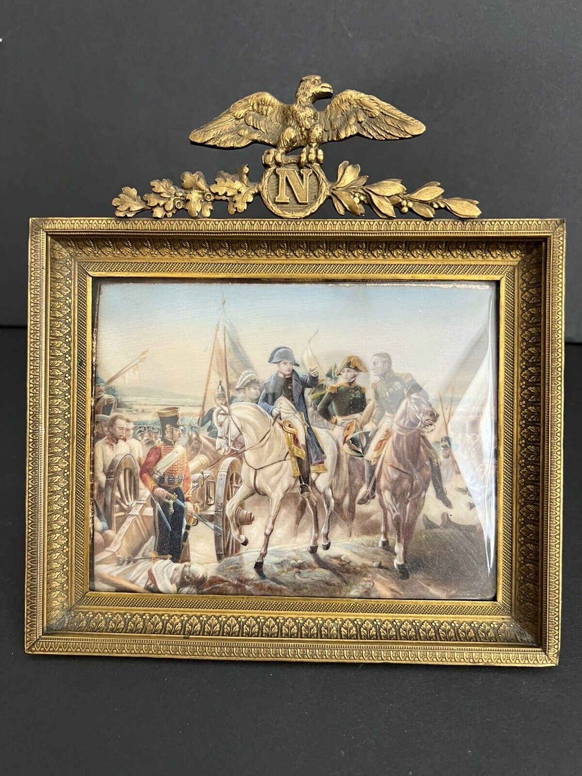 Napoleon Antique Miniature Scene Painted Numbered Bronze Ormolu Frame Eagle