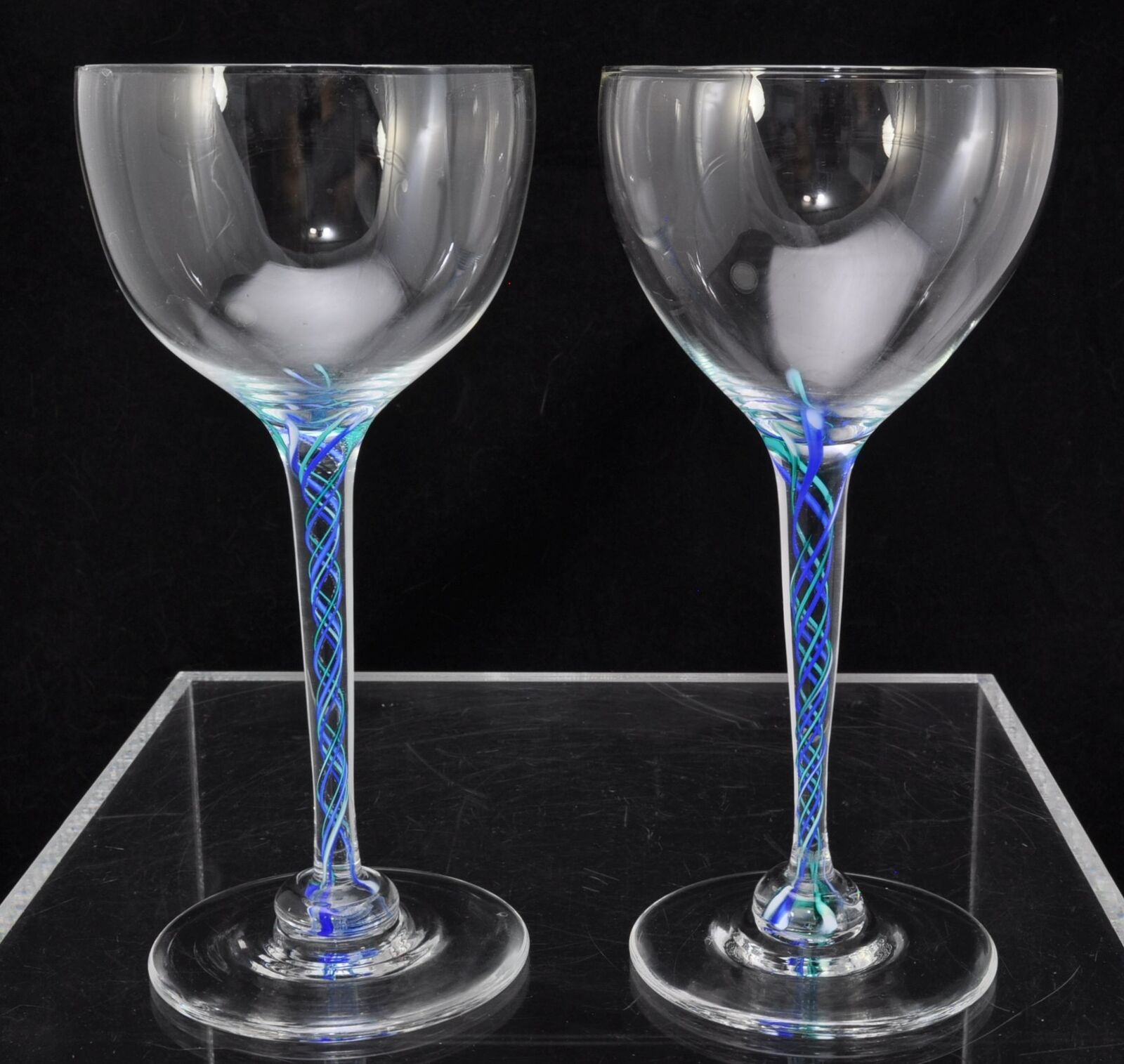 Pair of Venetian Style Studio Color Twist Stem Wine Glasses Signed HP