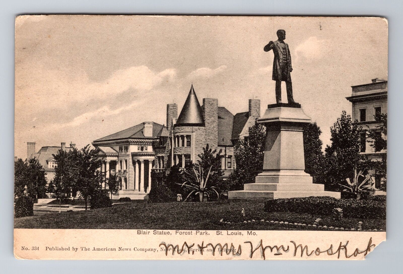 St Louis MO- Missouri, Blair Statue, Forest Park, Antique, Vintage Postcard