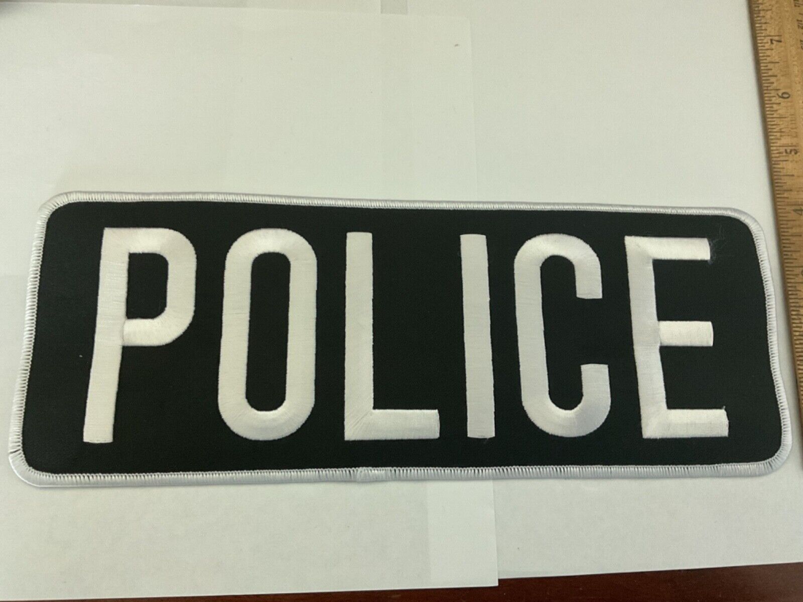 Police Back Patch Large  for sew on.10 7/8 “ by 4” inches Black &White letters