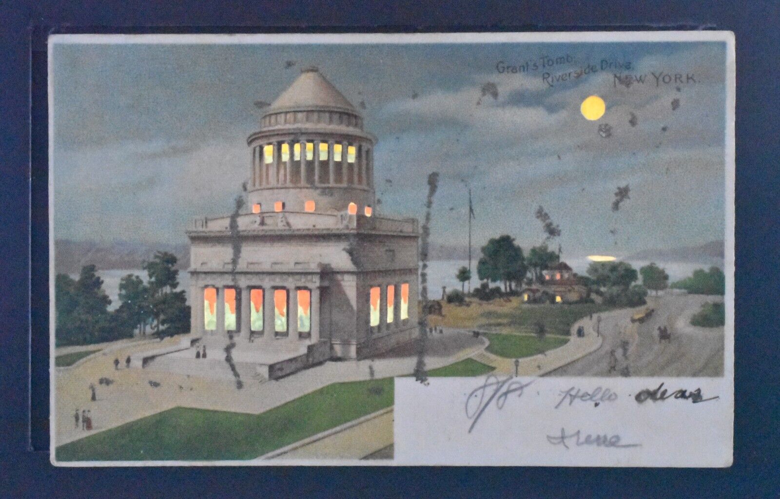 Postcard~Hold to Light~New York City NY~Grants Tomb~Riverside Drive~Glitter~1906