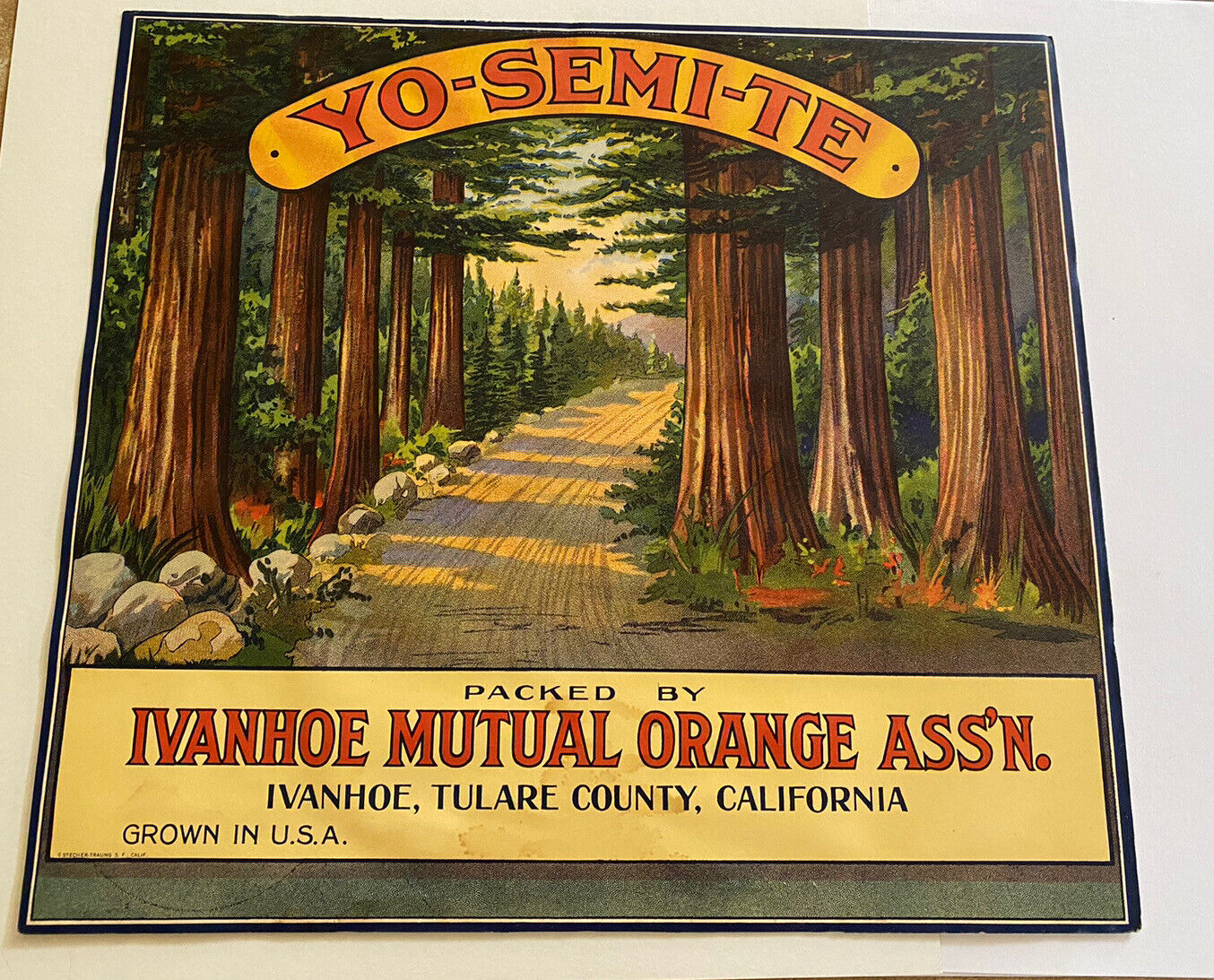 RARE ORIGINAL ORANGE CRATE LABEL  YO-SEMI-TE YOSEMITE Brand, Ivanhoe, California