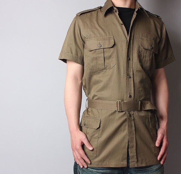 New vintage 1980s Italian army safari shirt khaki military jacket brown belt