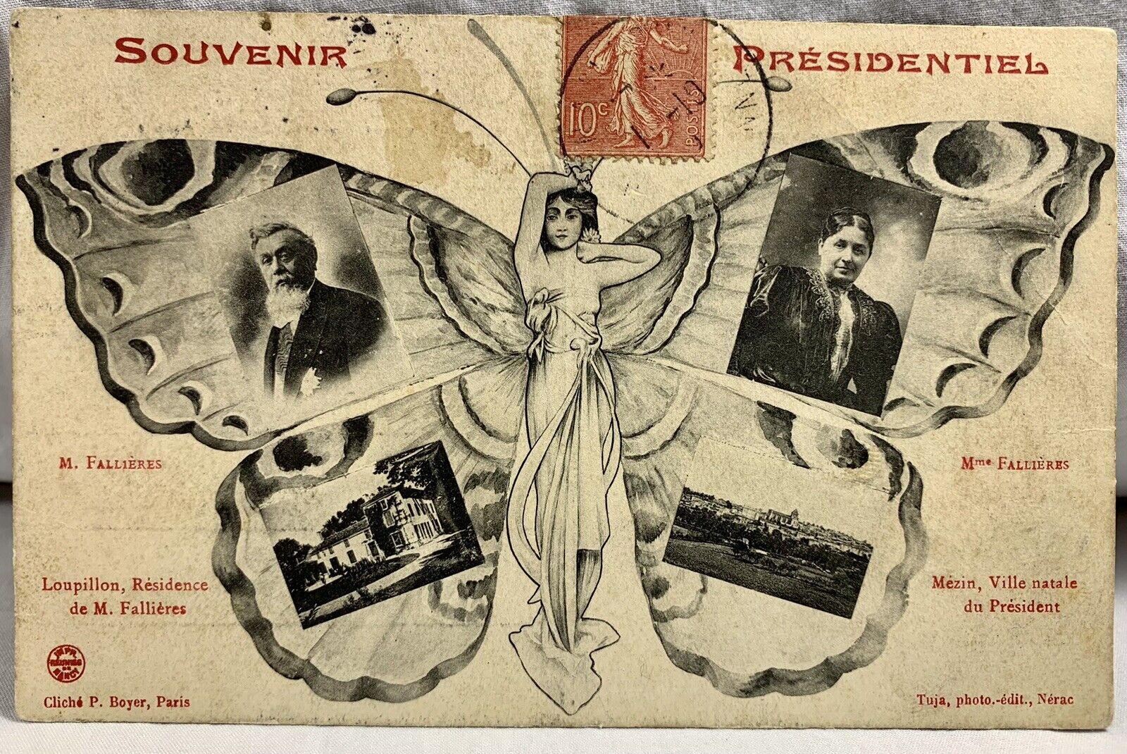Butterfly Souvenir Scenic View President Fallières Deco Nouveau Postcard 1911