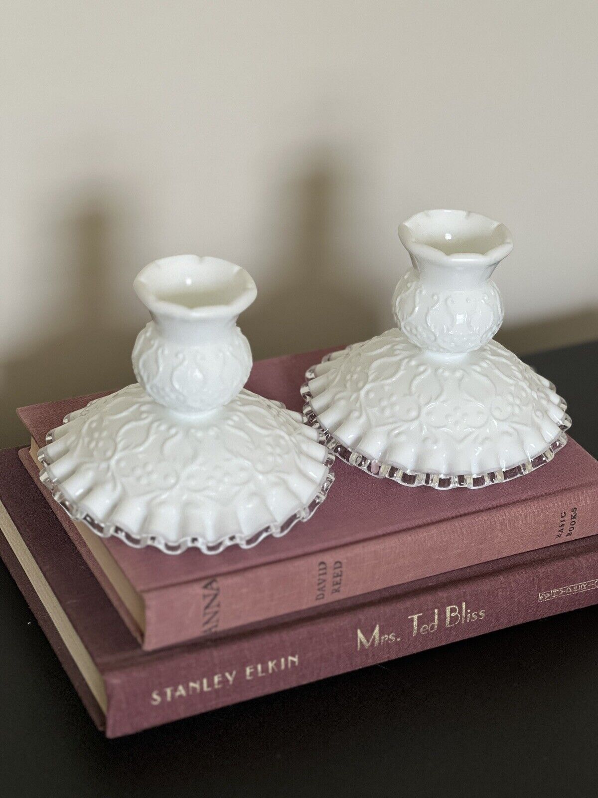 Vintage Pair Fenton Silver Crest White Candle Stick Holders, Clear Ruffled Edge
