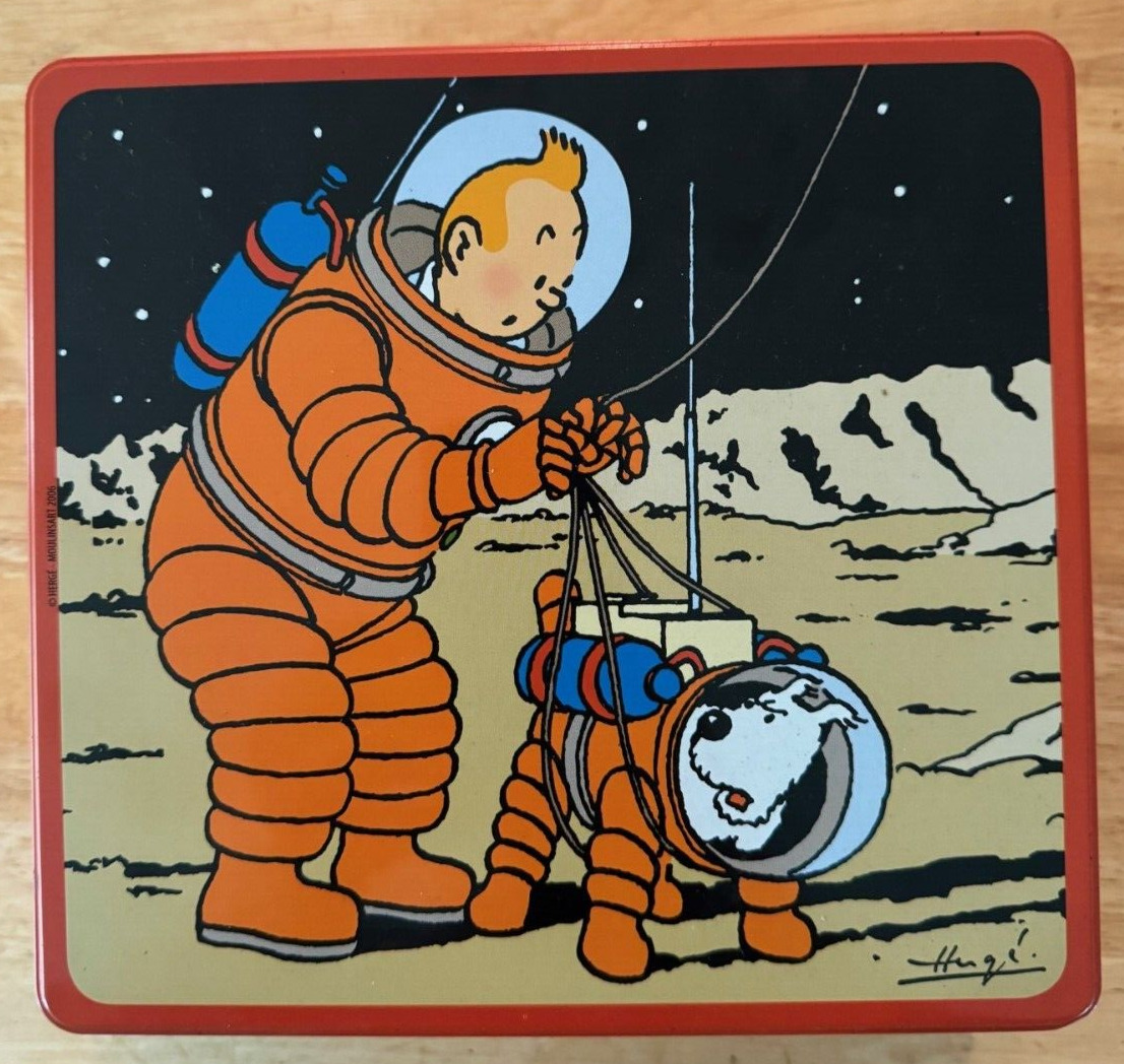 TINTIN AND MILOU (SNOWY) HERGE BISCUIT METAL TIN WALKING ON THE MOON