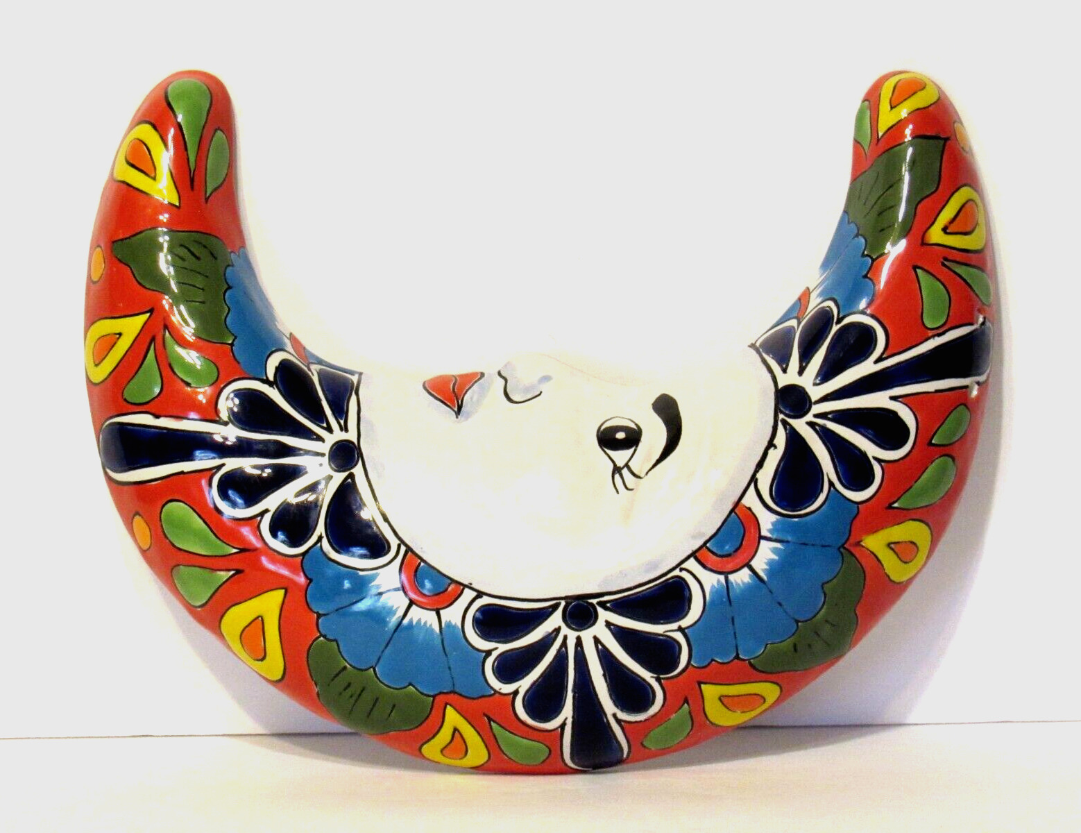 Talavera Mexican Pottery (Luna) Hanging Red Crescent Moon Face 12 1/2\