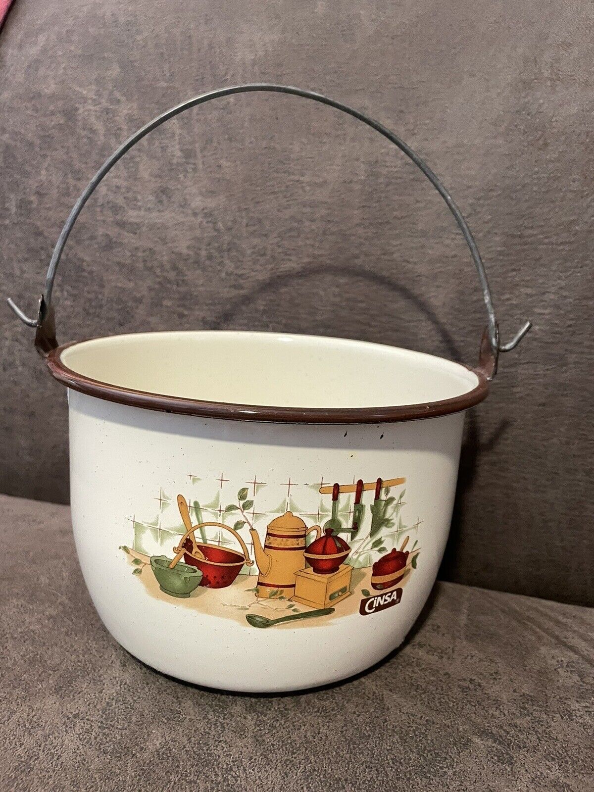Vintage Cinsa Enamelware Bucket Pan Pale with Handle Mexico Kitchen Farm pattern