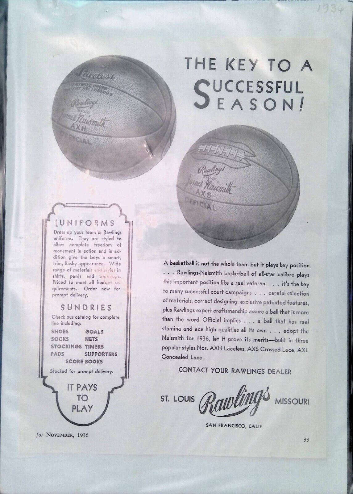 Vintage Magazine Ad Ephemera - 1936 Rawlings Basketball James Naismith