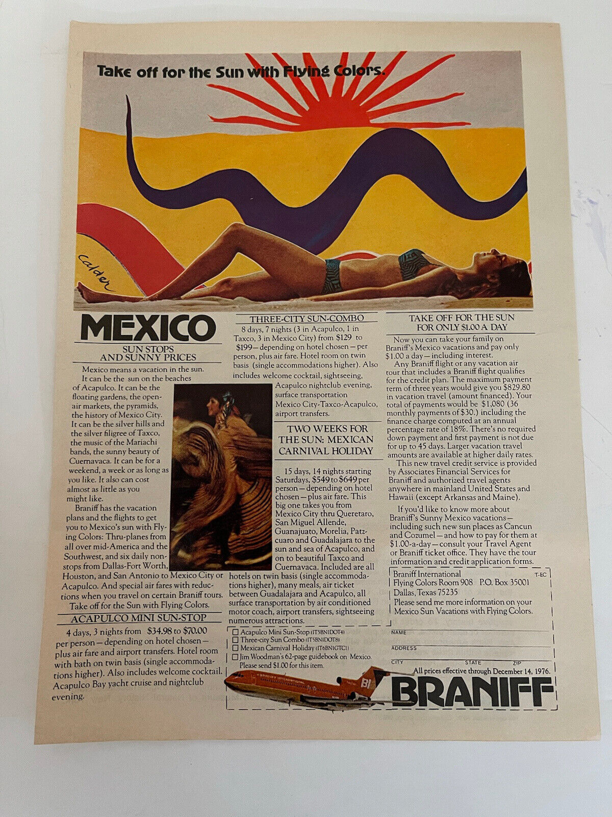 Vintage 1976 Braniff International Print Ad Mexico Flying Colors