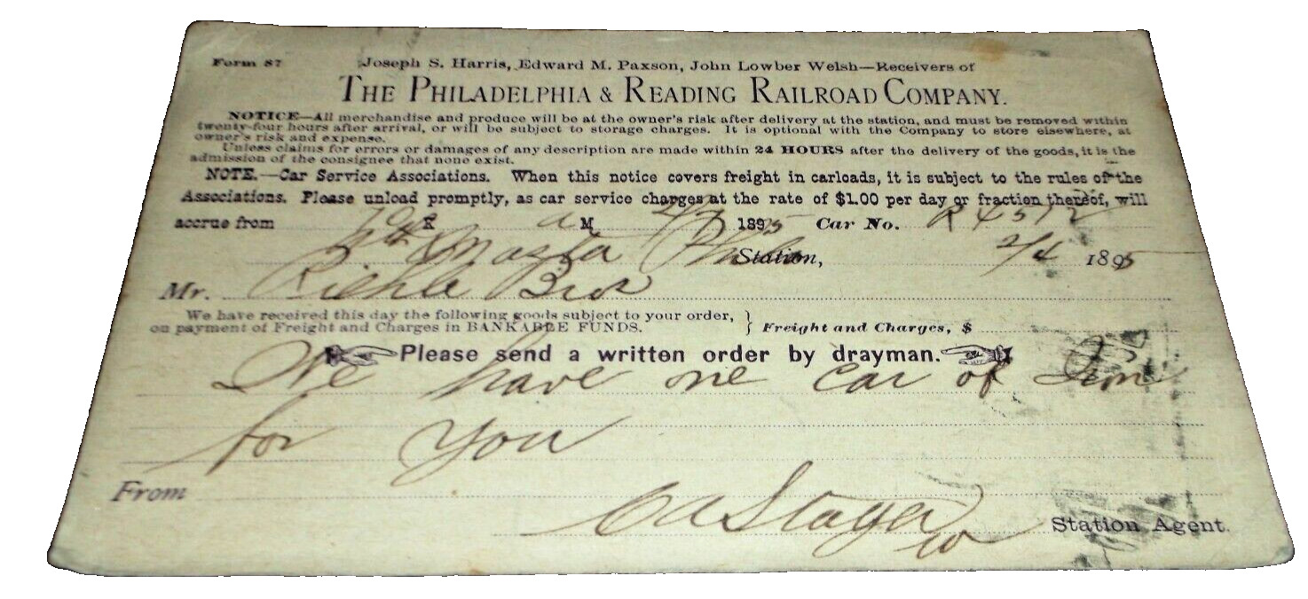 FEBRUARY 1895 PHILADELPHIA & READING FREIGHT DELIVERY NOTIFICATION POST CARD