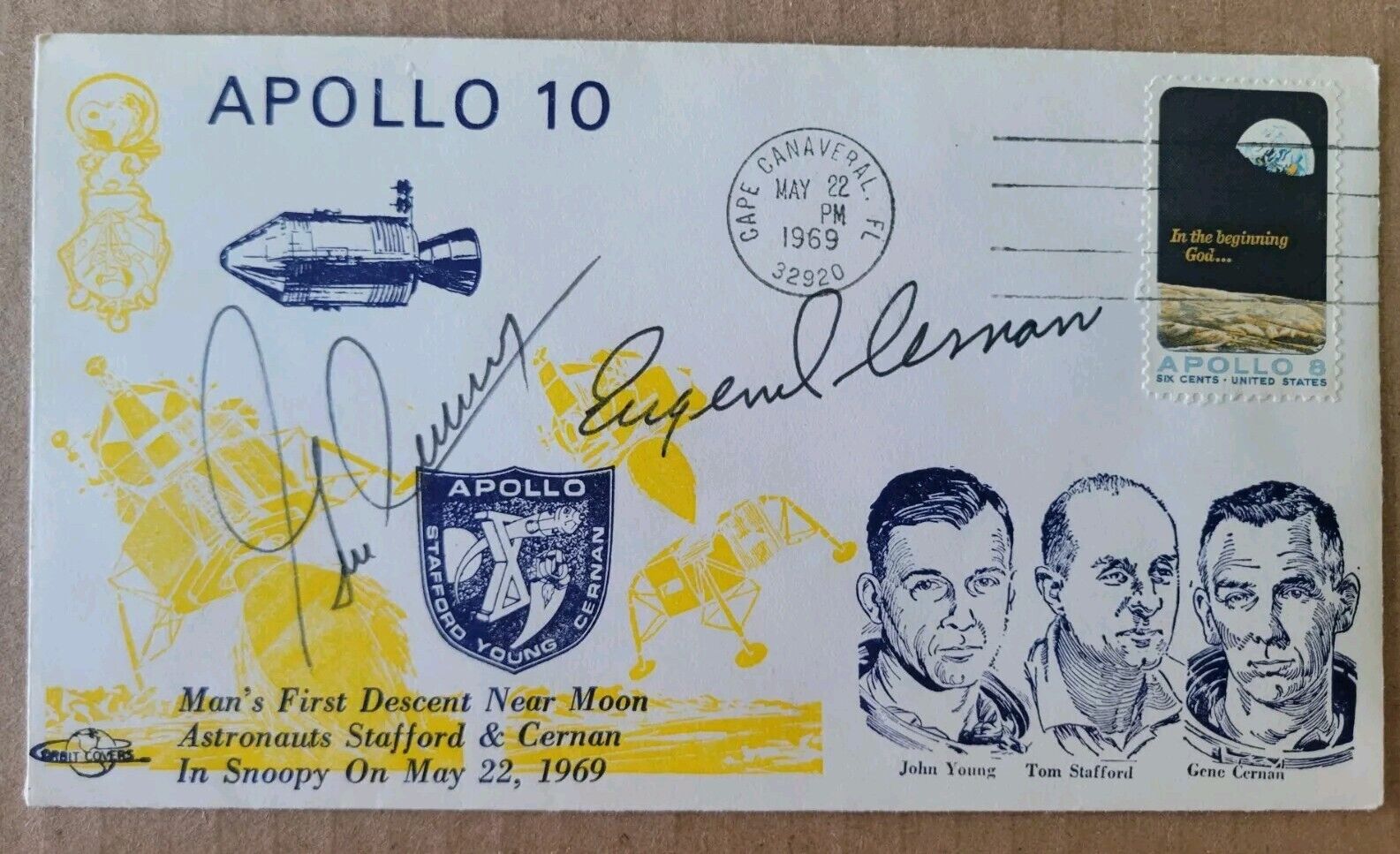 Gene Cernan Signed APOLLO 10 5/22/69 MOON DESCENT in SNOOPY Postal Cover COA