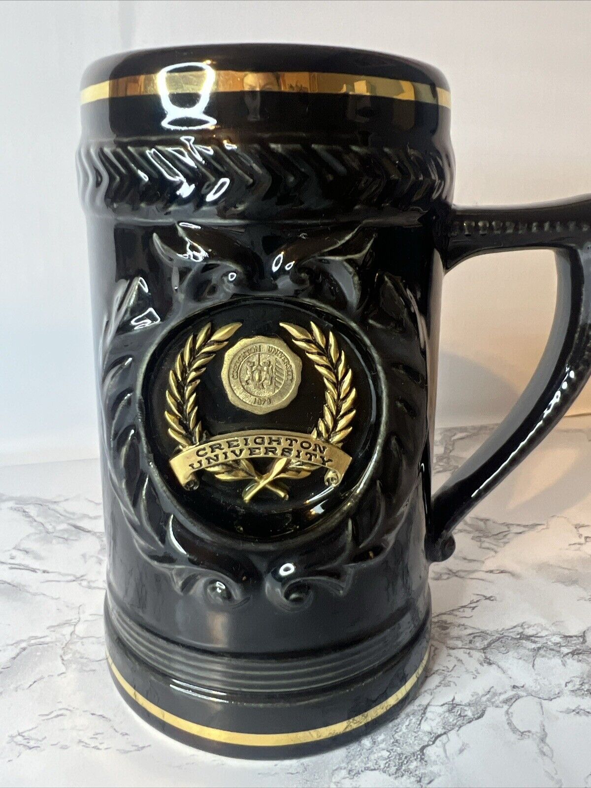 Vintage Creighton University Collectible Beer Stein Black & Gold Mug with Crest