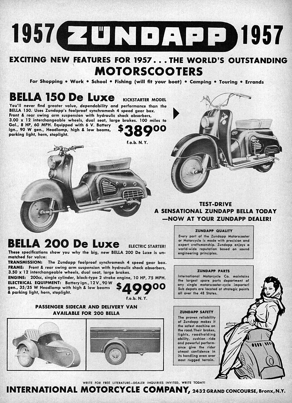 1957 Zundapp Bella 150 & 200 Deluxe Motor Scooter Original Ad 