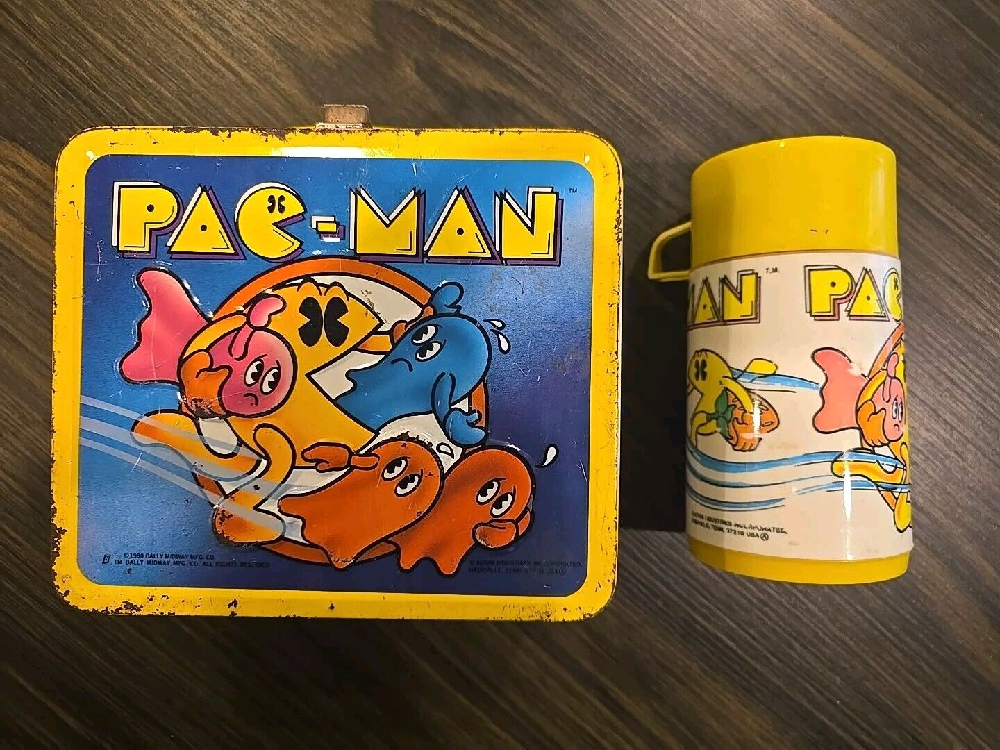 Vintage 1980s Pac-Man Metal Lunch Box & Thermos Bally Midway Aladdin