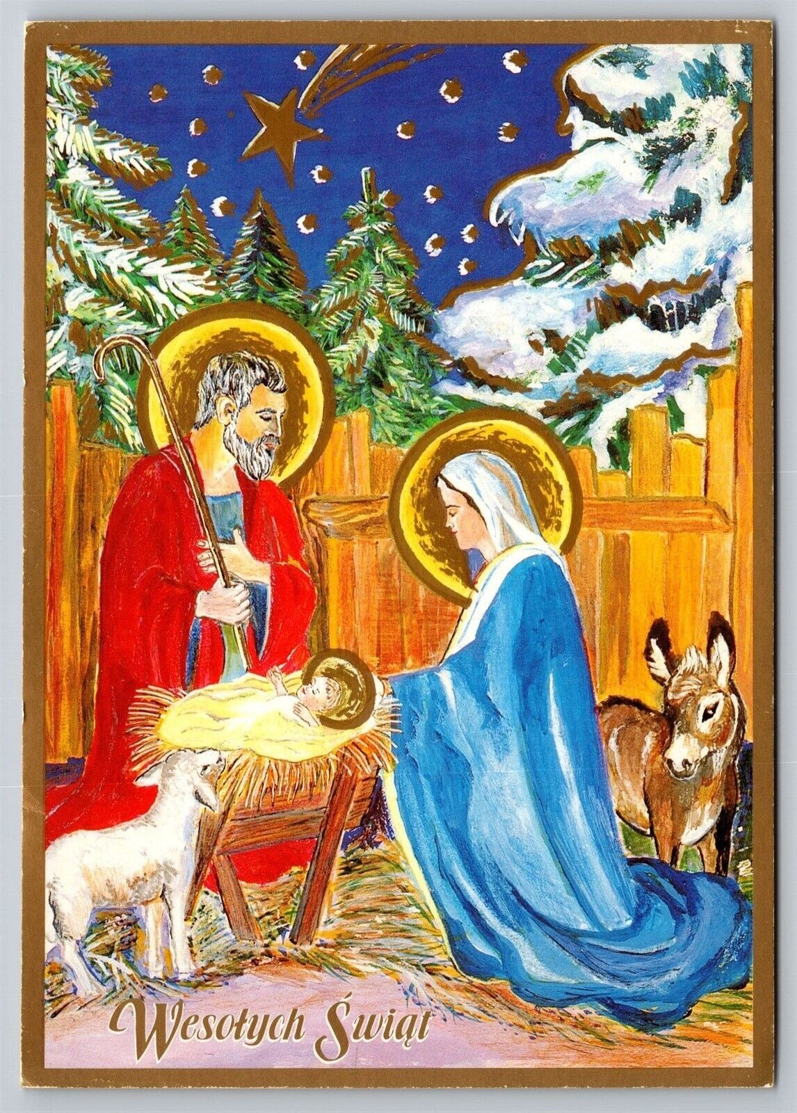 Polish wesołych świąt Merry Christmas Postcard Manger Scene Baby Jesus Mary Star