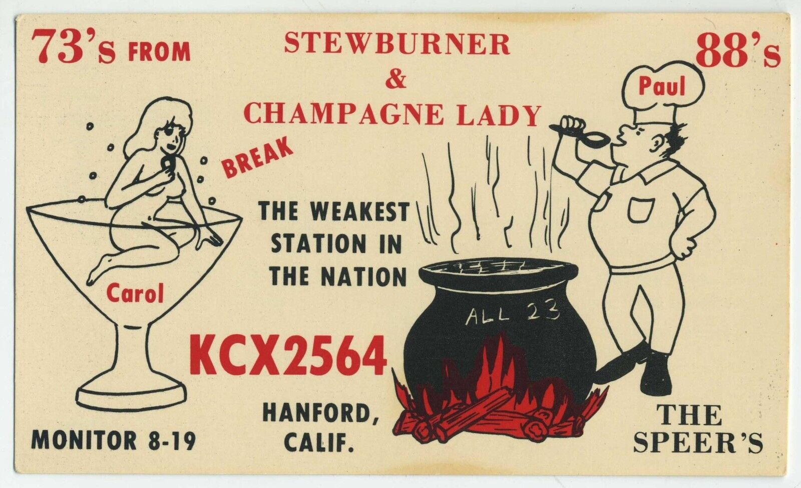 1950s Hanford CA Postcard QSL Ham Radio STEWBURNER & CHAMPAGNE LADY THE SPEER'S