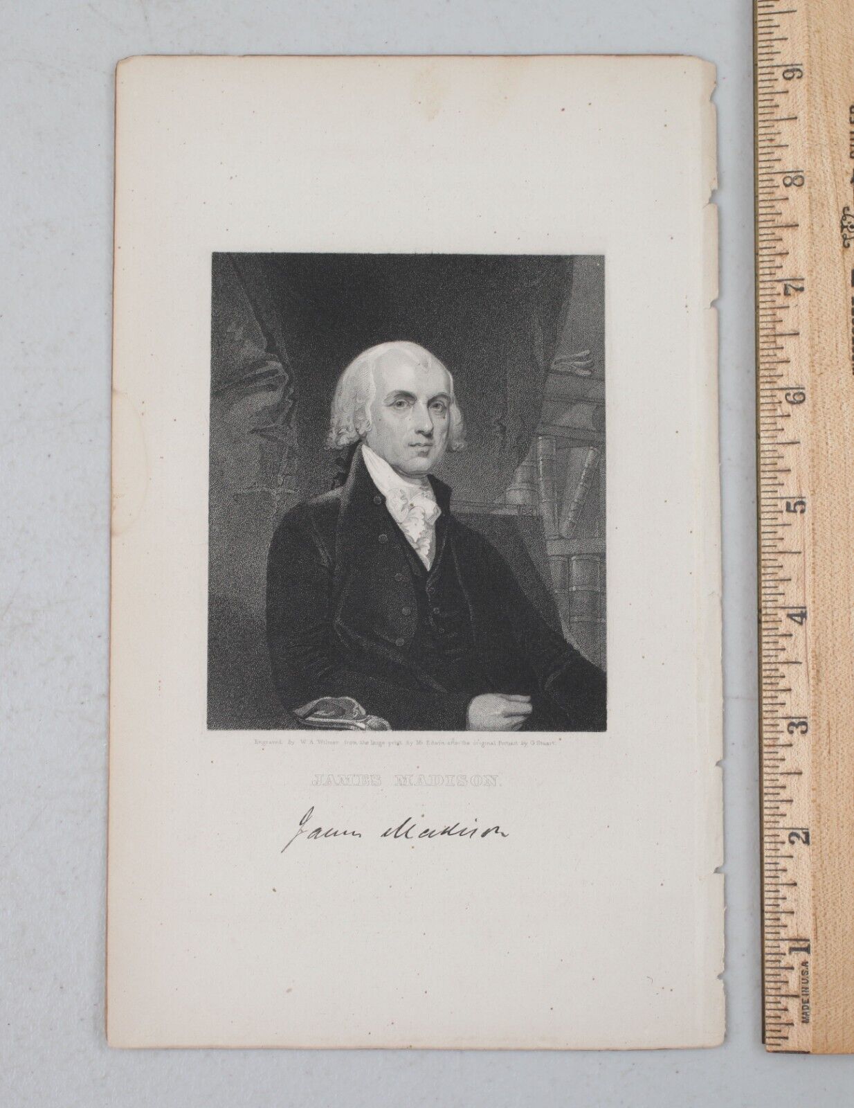 Antique Original 1800s Engraving Print James Madison by W.A. Wilmer 