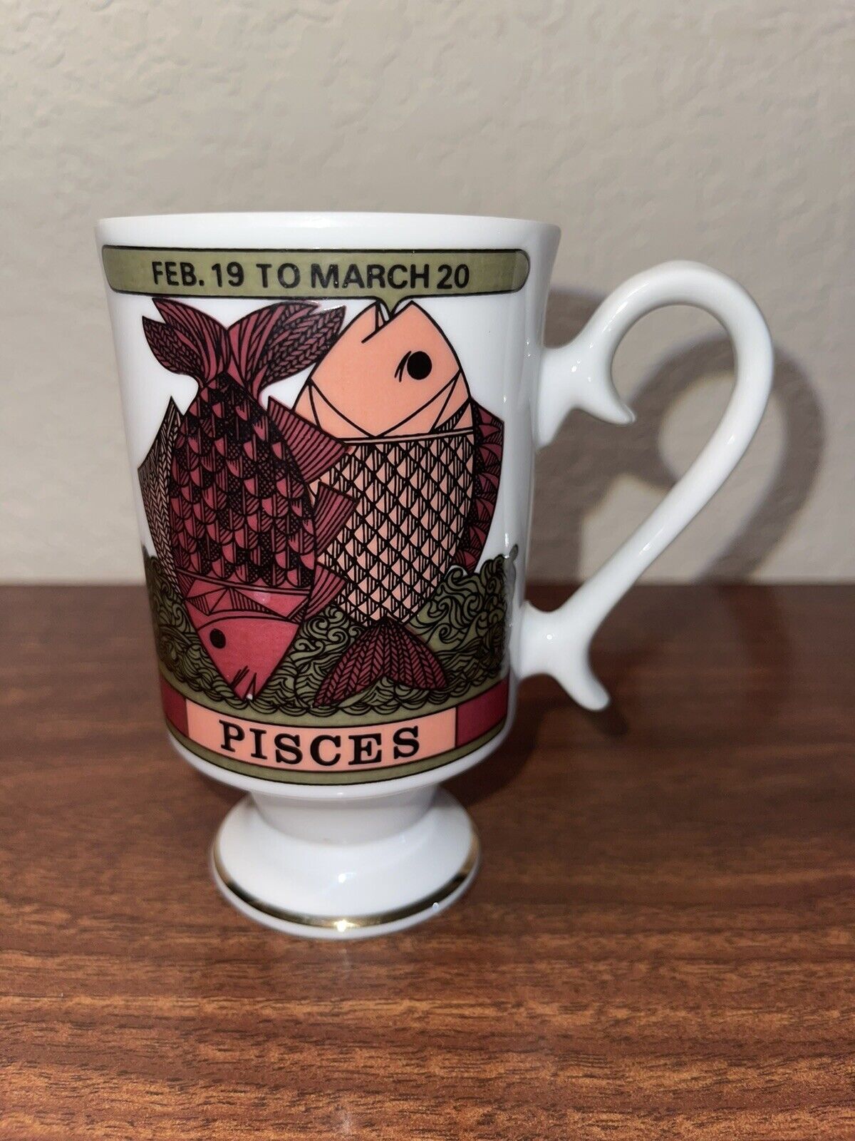 Vintage Pisces Mug, Royal Crown Arnart Smug Mugs, Retro Footed Zodiac Mug