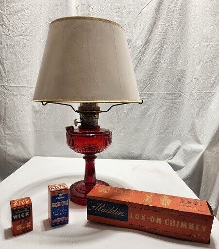 ALADDIN B-77 RUBY RED LINCOLN DRAPE LAMP WITH B BURNER, MANTLE, CHIMNEY & SHADE