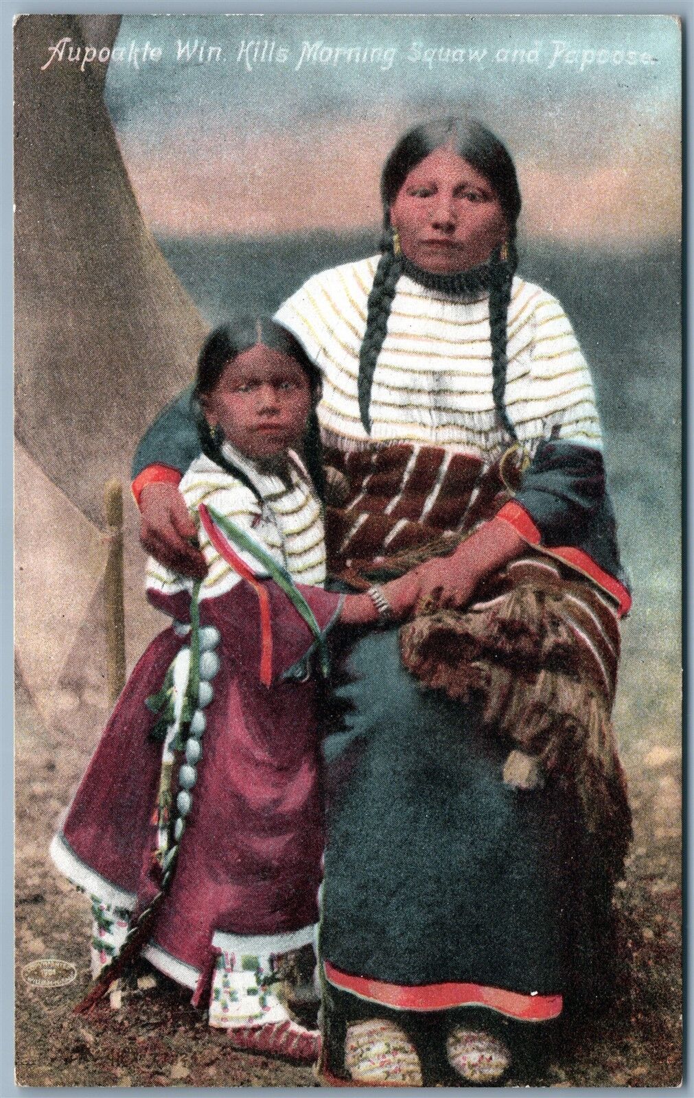 INDIAN SQUAW & PAPOOSE AUPOAKTE WIN KILLS MORNING ANTIQUE POSTCARD