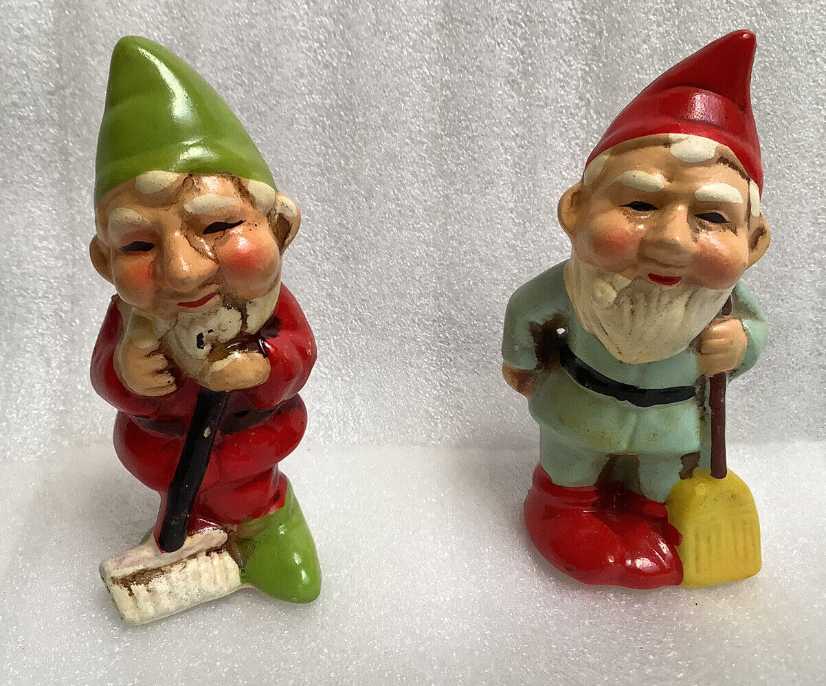 Vintage Paper Mâché Elf Gnome Figures with Brooms 4”