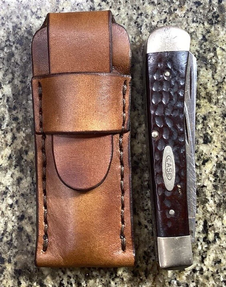 Leather Pocket Folding Knife Slip Pouch Hand Made Hand Stitched Trapper Size