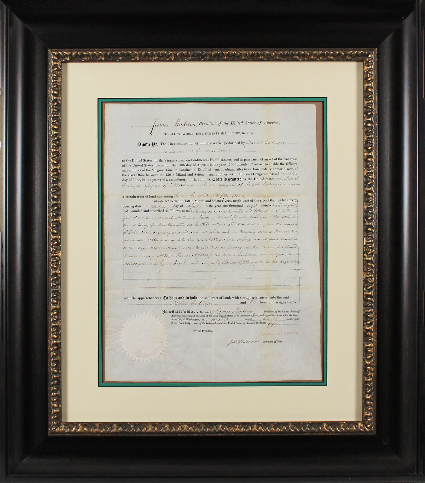 James Madison & James Monroe Signed Framed 12.5x16 1811 Land Grant BAS #AC26698