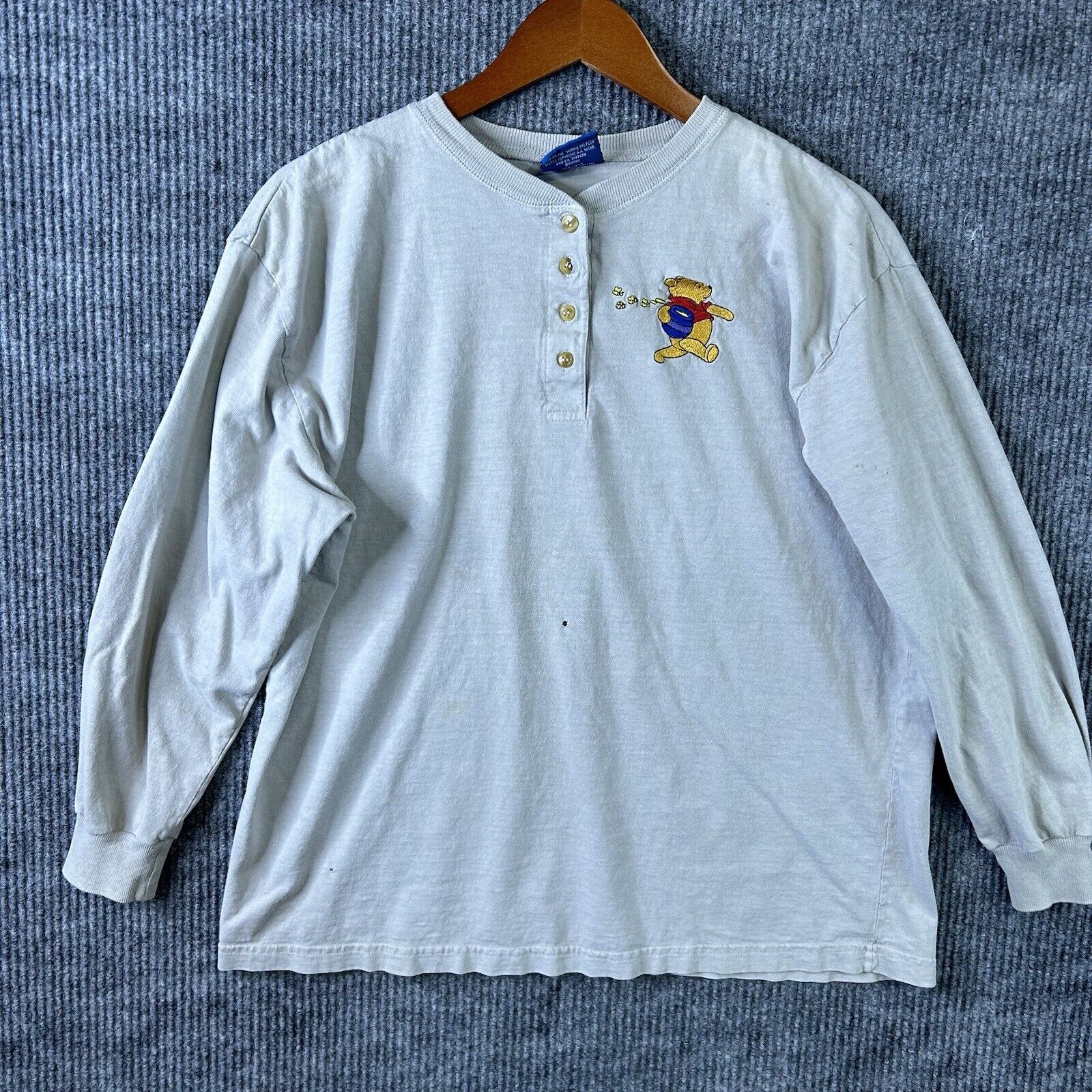 Vintage Disney Winnie The Pooh Long Sleeve Henley Shirt Adult Large Embroidered
