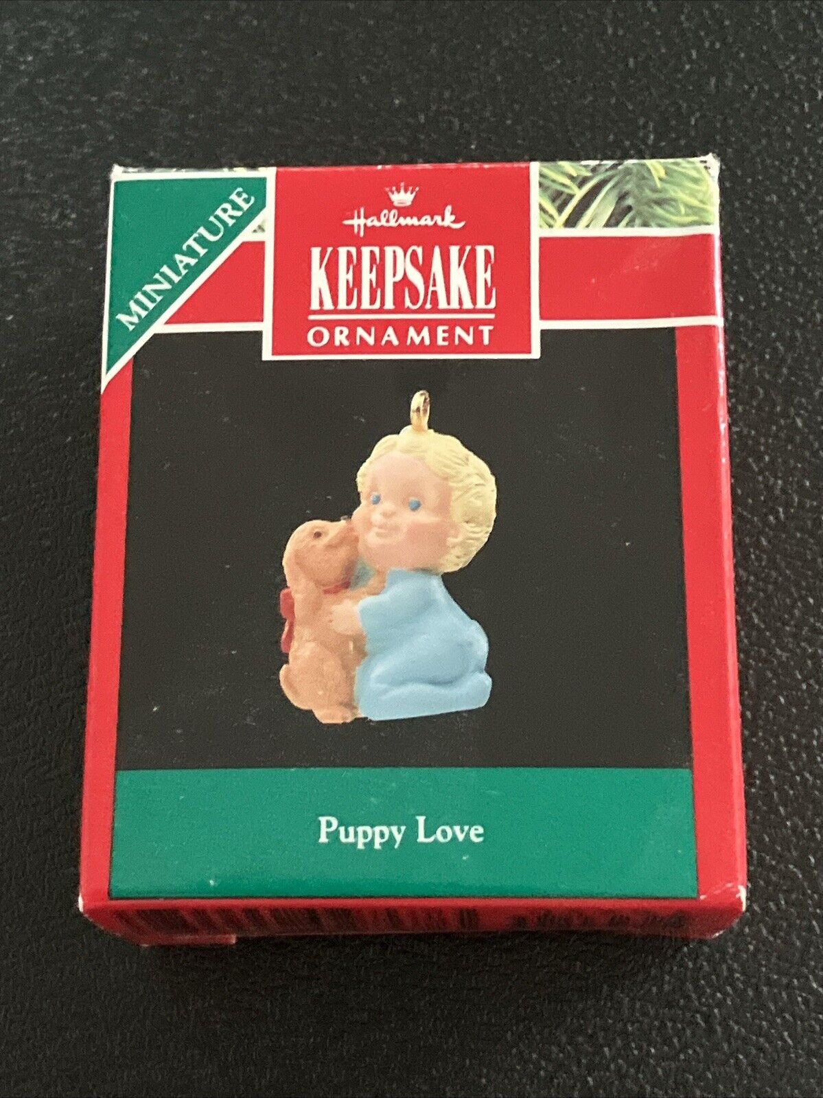 Hallmark Keepsake Puppy Love Little Boy Hugging Puppy Miniature Ornament 1990