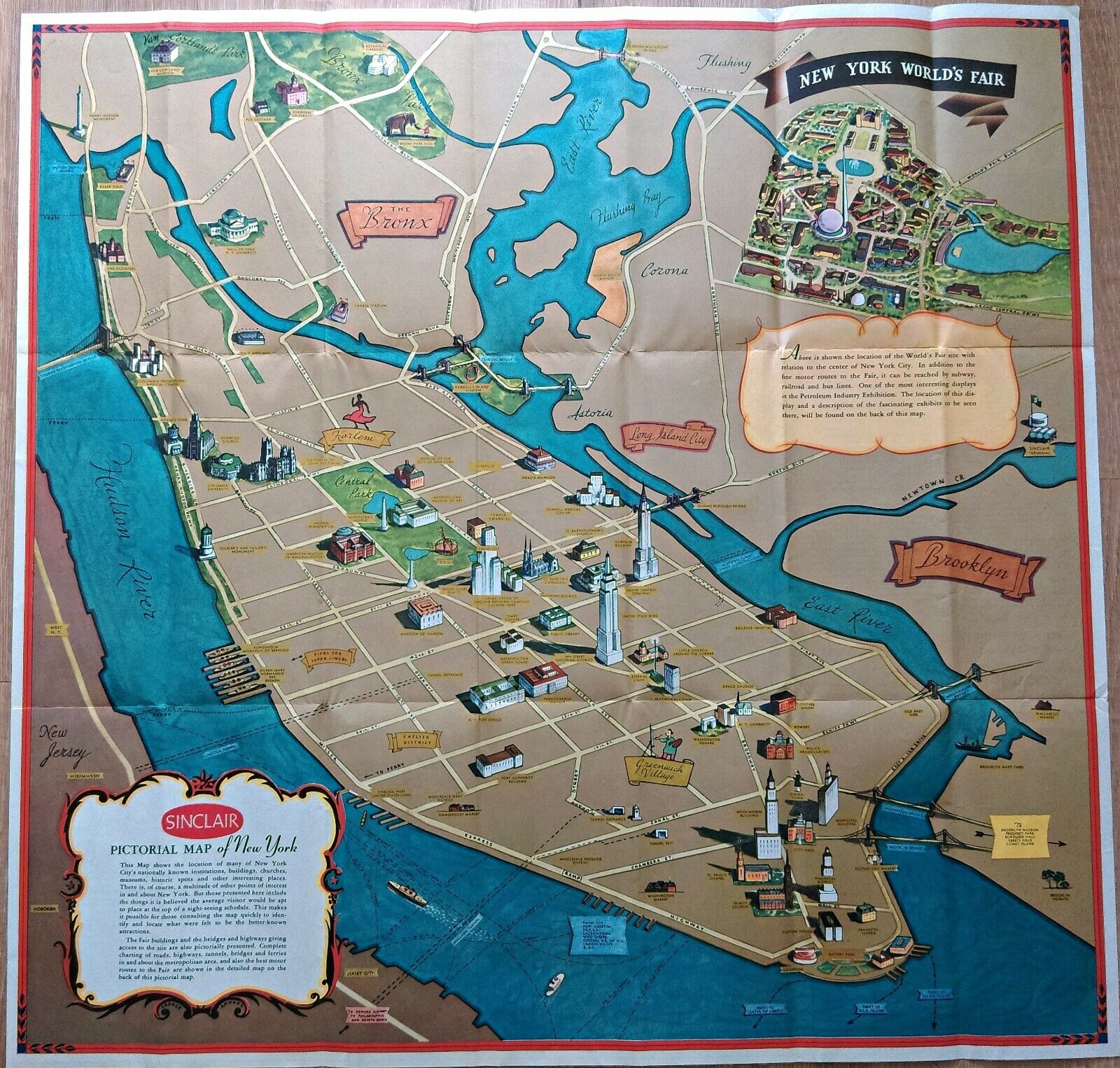 Rare 1939 George Annand Pictorial Map New York City, World's Fair Sinclair Oil