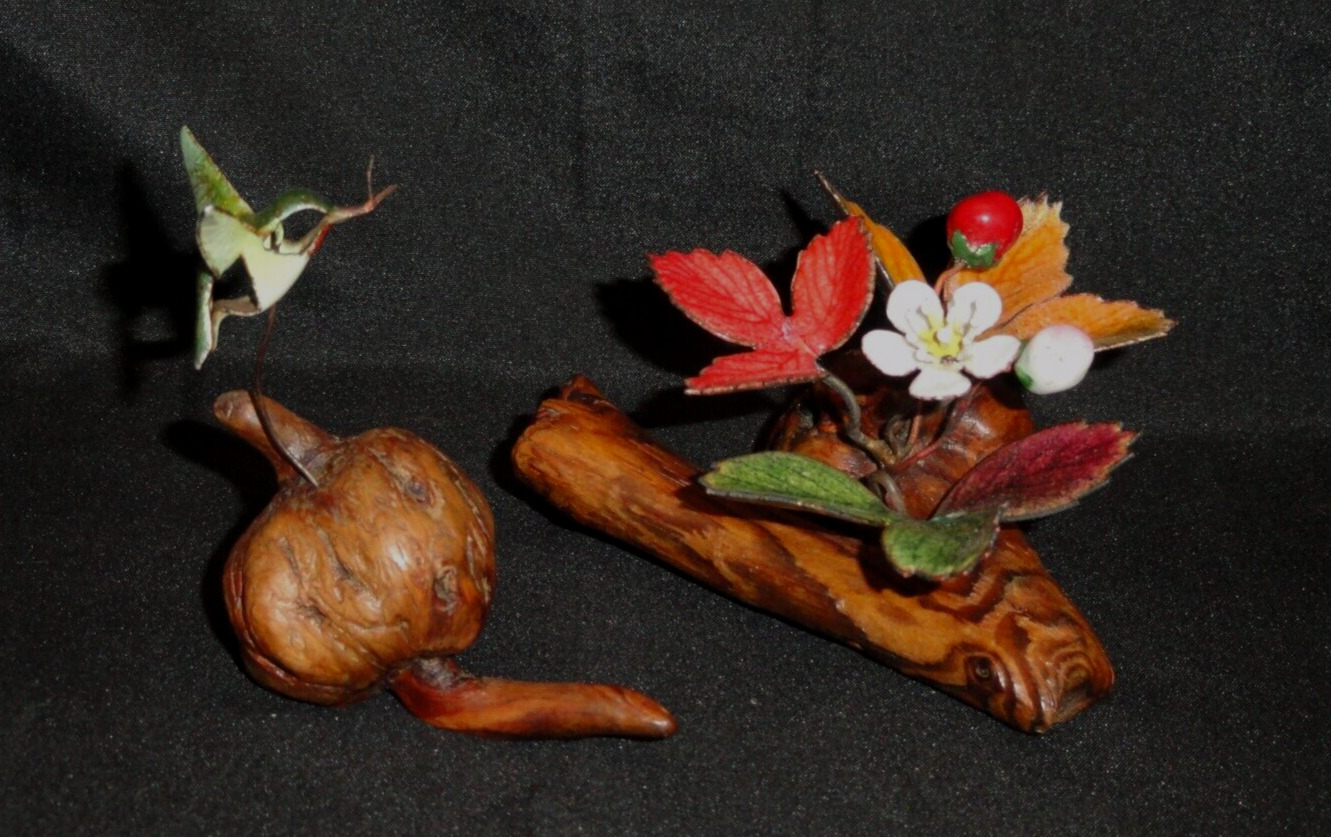 2 Brumm Enamel on Copper Bird Figurine/Sculptures ~ Hummingbird & Flowers