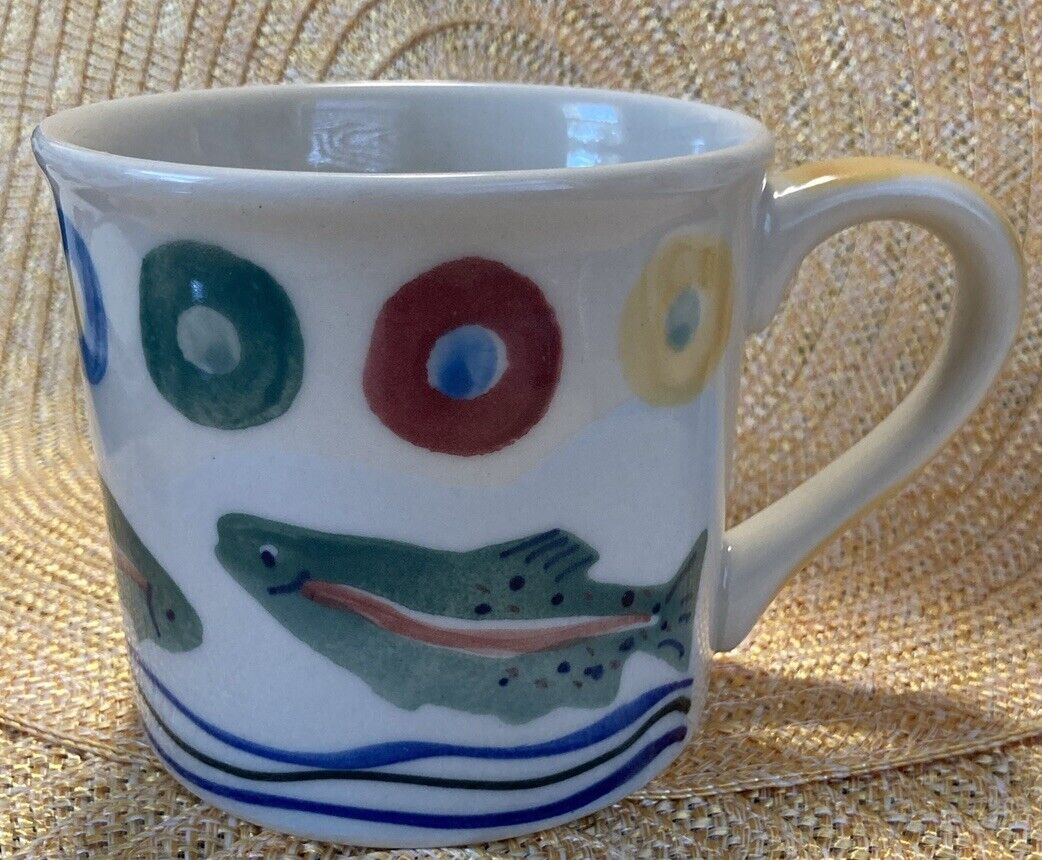 Vintage HARTSTONE Pottery Trout/Fish Hand painted 12 oz Mug Cup Man Cabin Cave