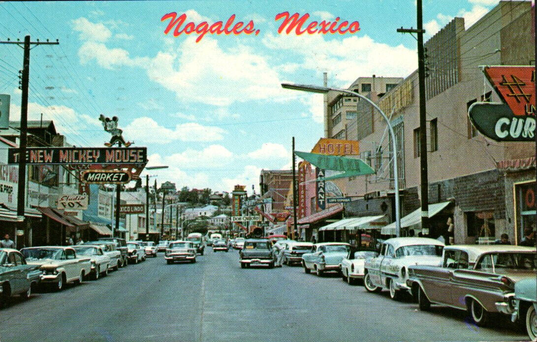 Vintage Cars Nagales Sonora Mexico Curio Row post card posted 1967 #S115