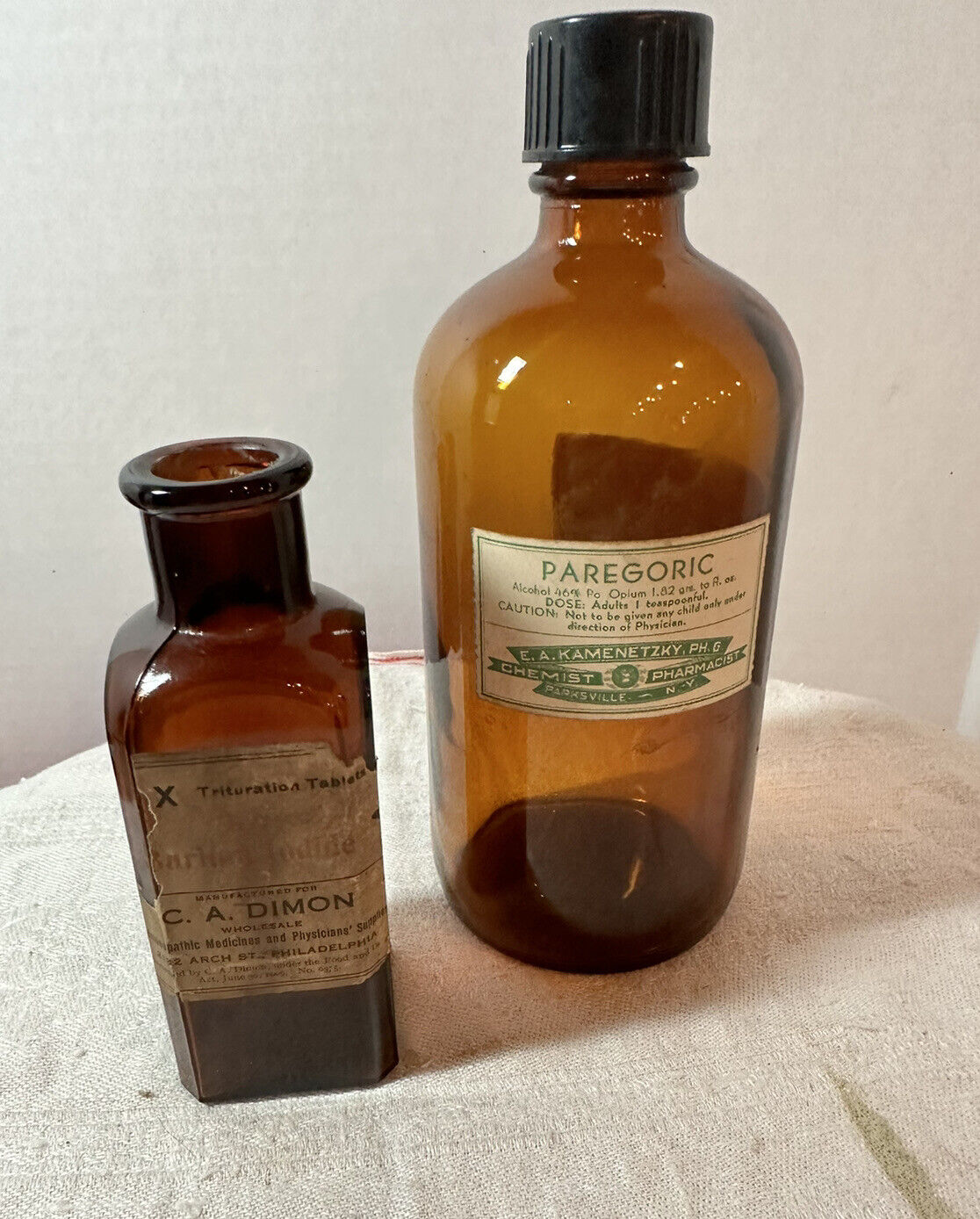Two Vintage Apothecary Brown Bottles Trifurcation Tablets , And Paregoric
