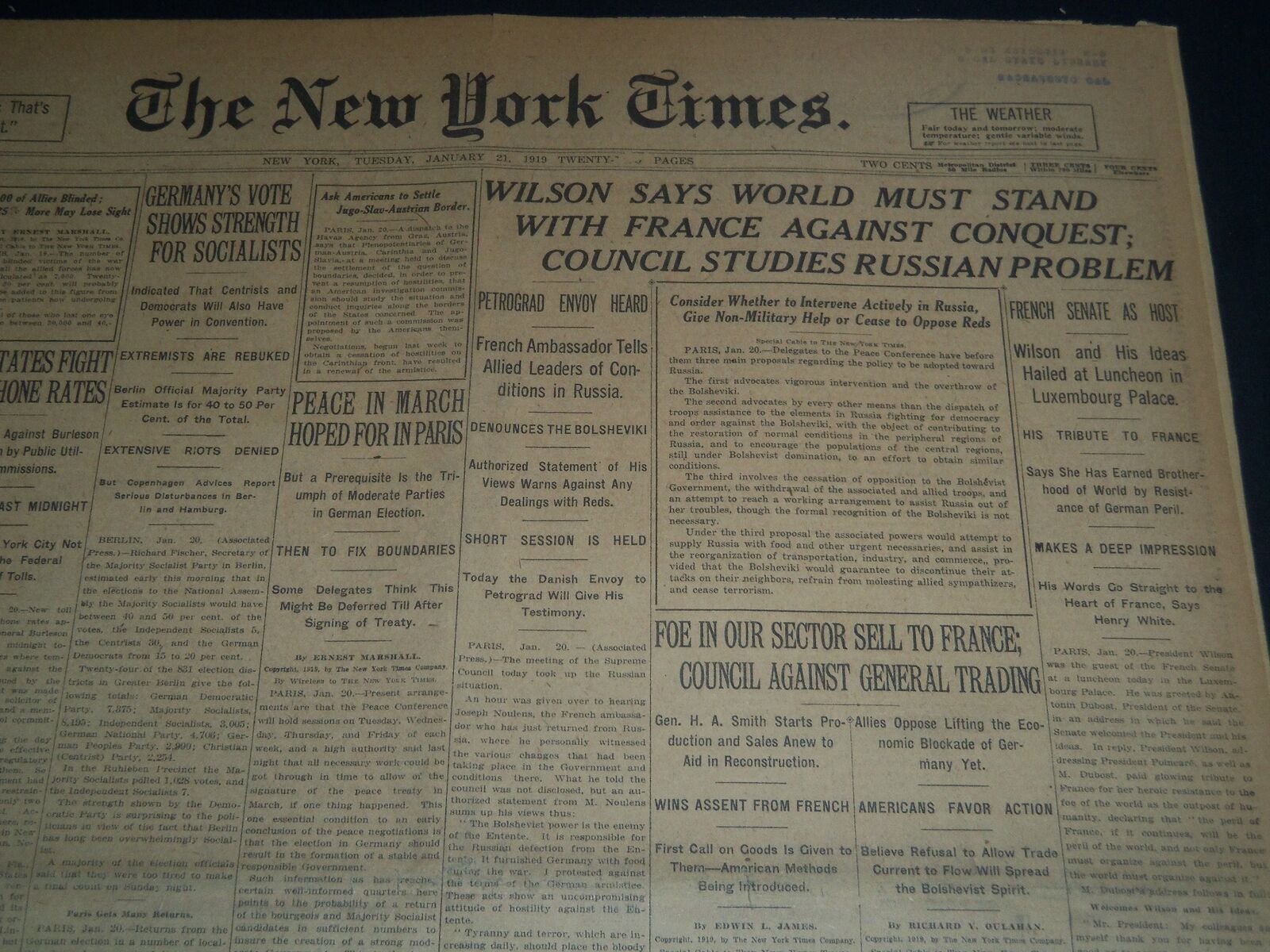 1919 JANUARY 21 NEW YORK TIMES-WILSON SAYS WORLD MUST STAND WITH FRANCE- NT 7516