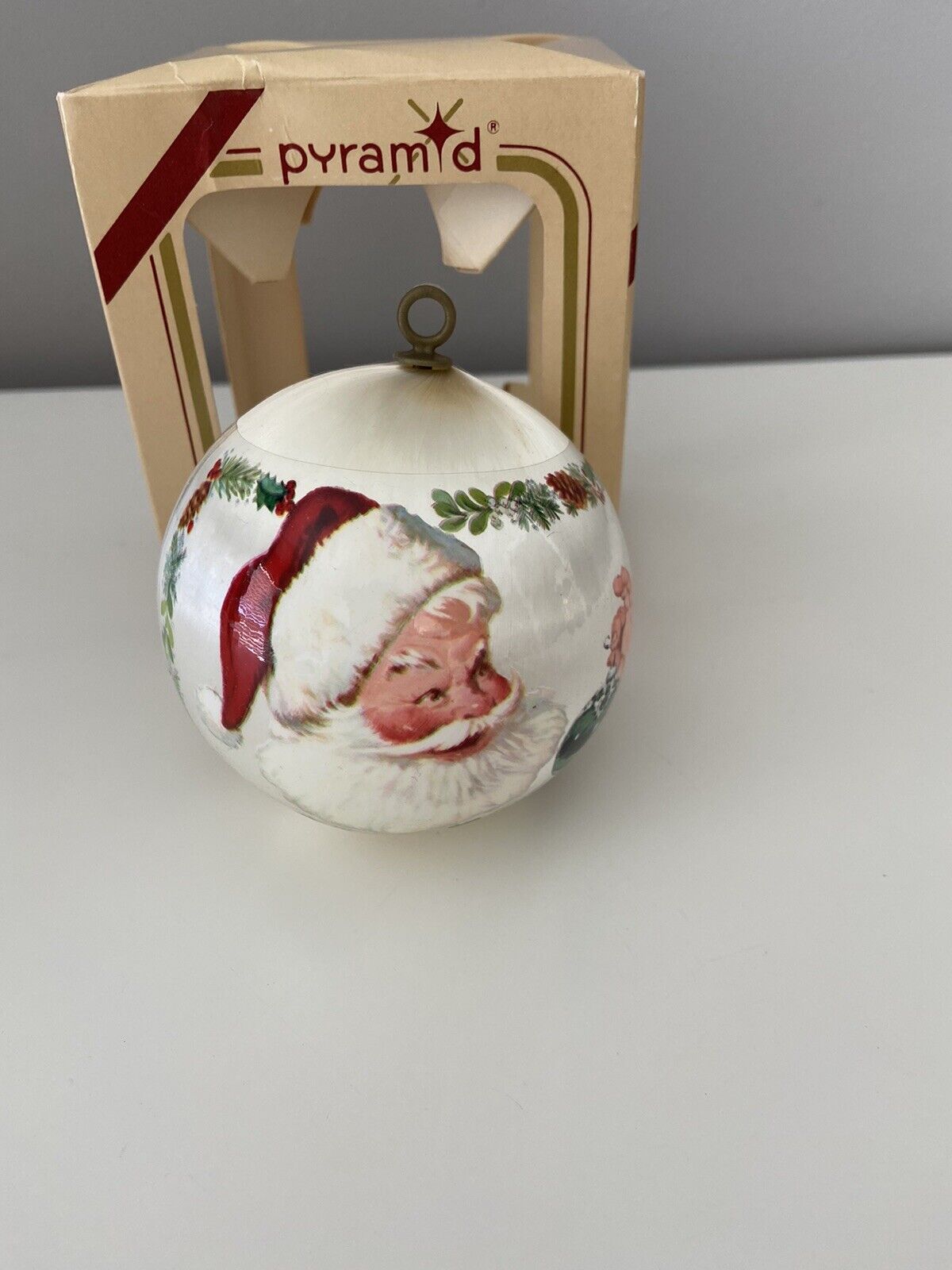 Vintage 1983 Rauch Satin Ball Santa Claus Ornament Merry Christmas To All READ