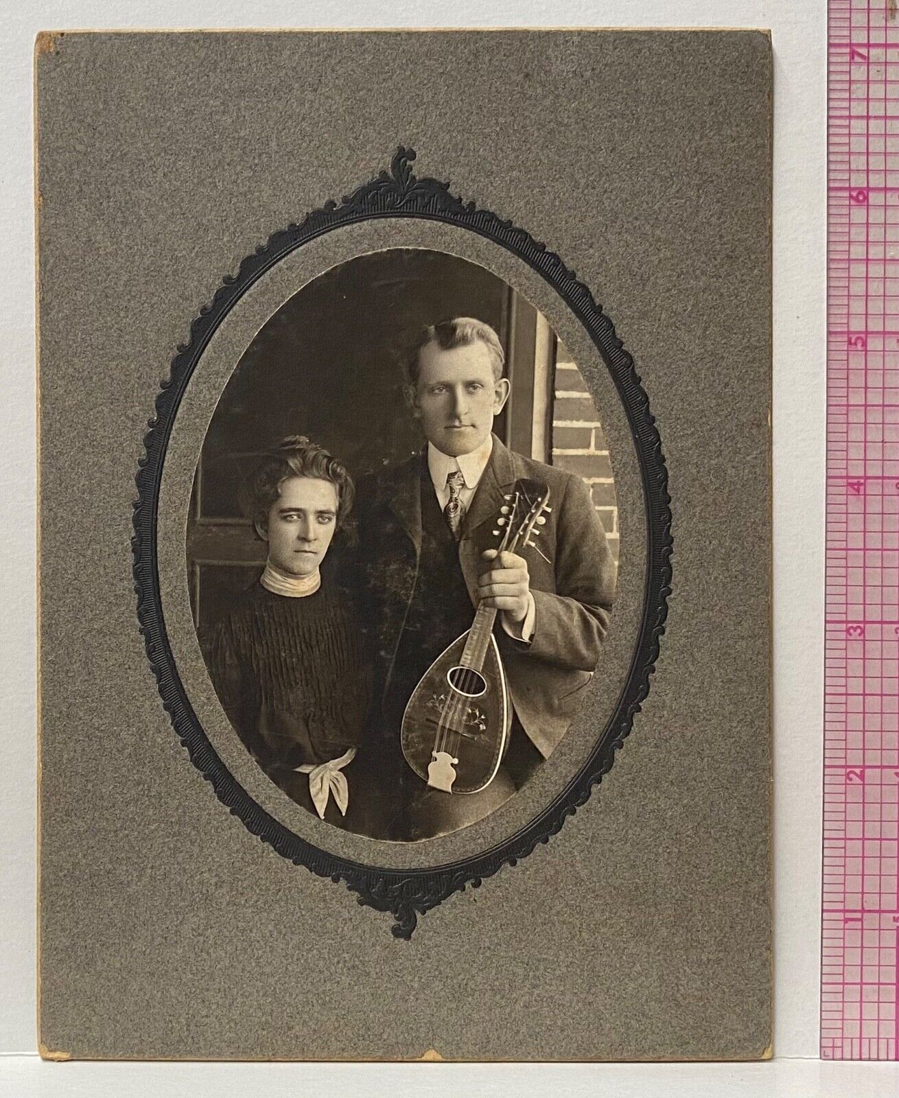 Man with Arm Around Woman Holds Mandolin~Board Mounted Photograph~Music Musician