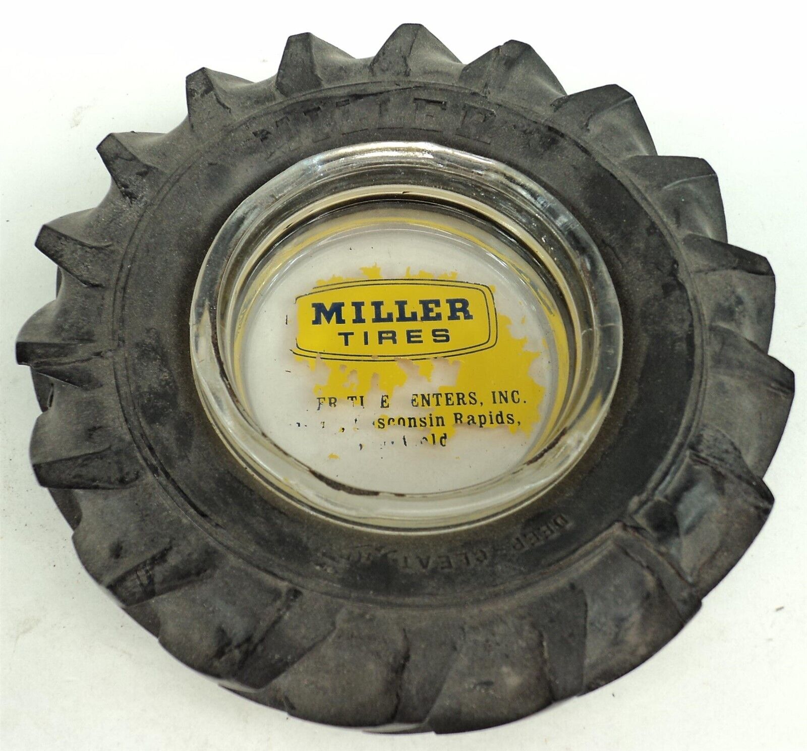 Vintage Miller Tires Rubber & Glass Ashtray 