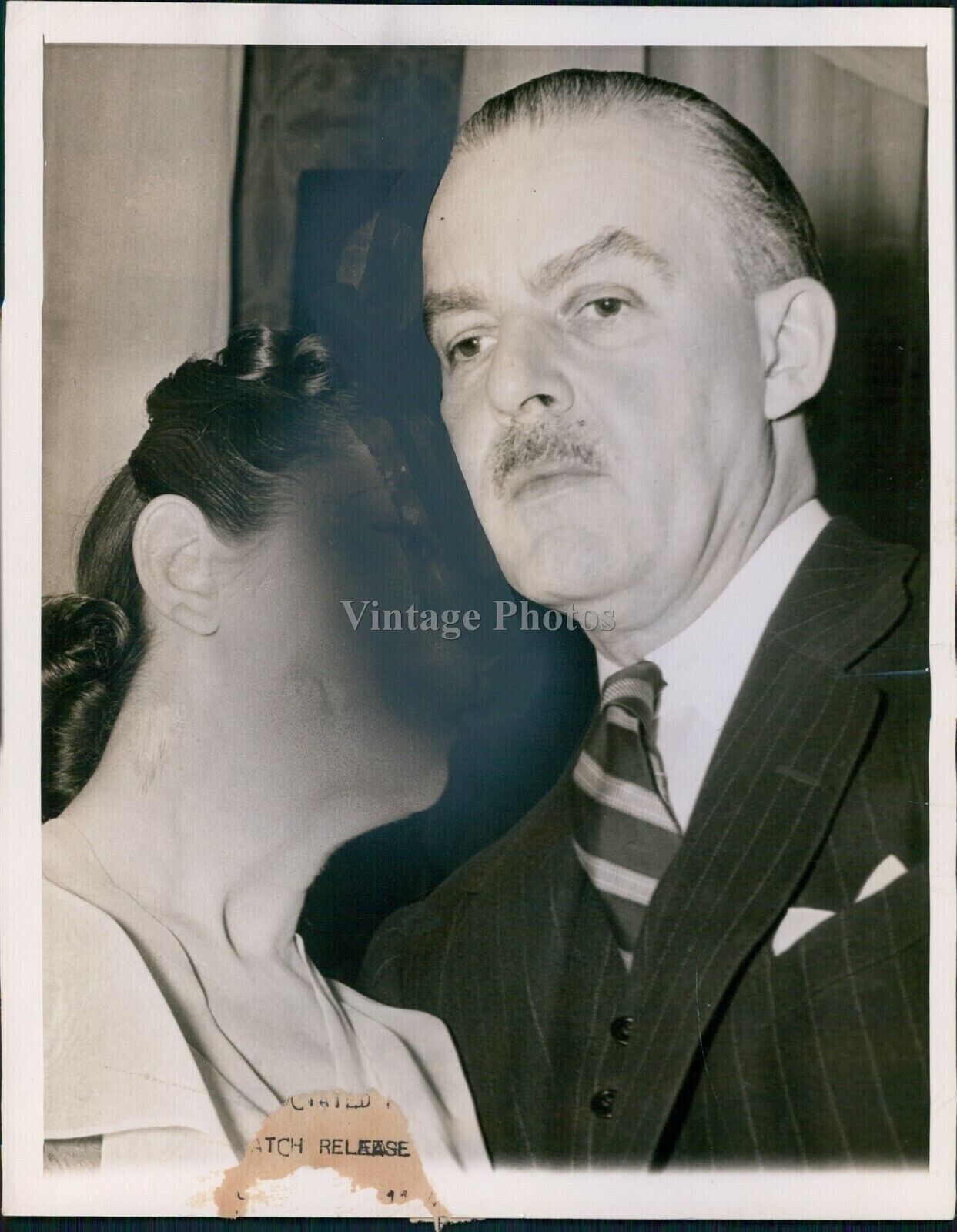 Distracted But Displeased Man Ignores Faceless Woman Crime 7X9 Vintage Photo