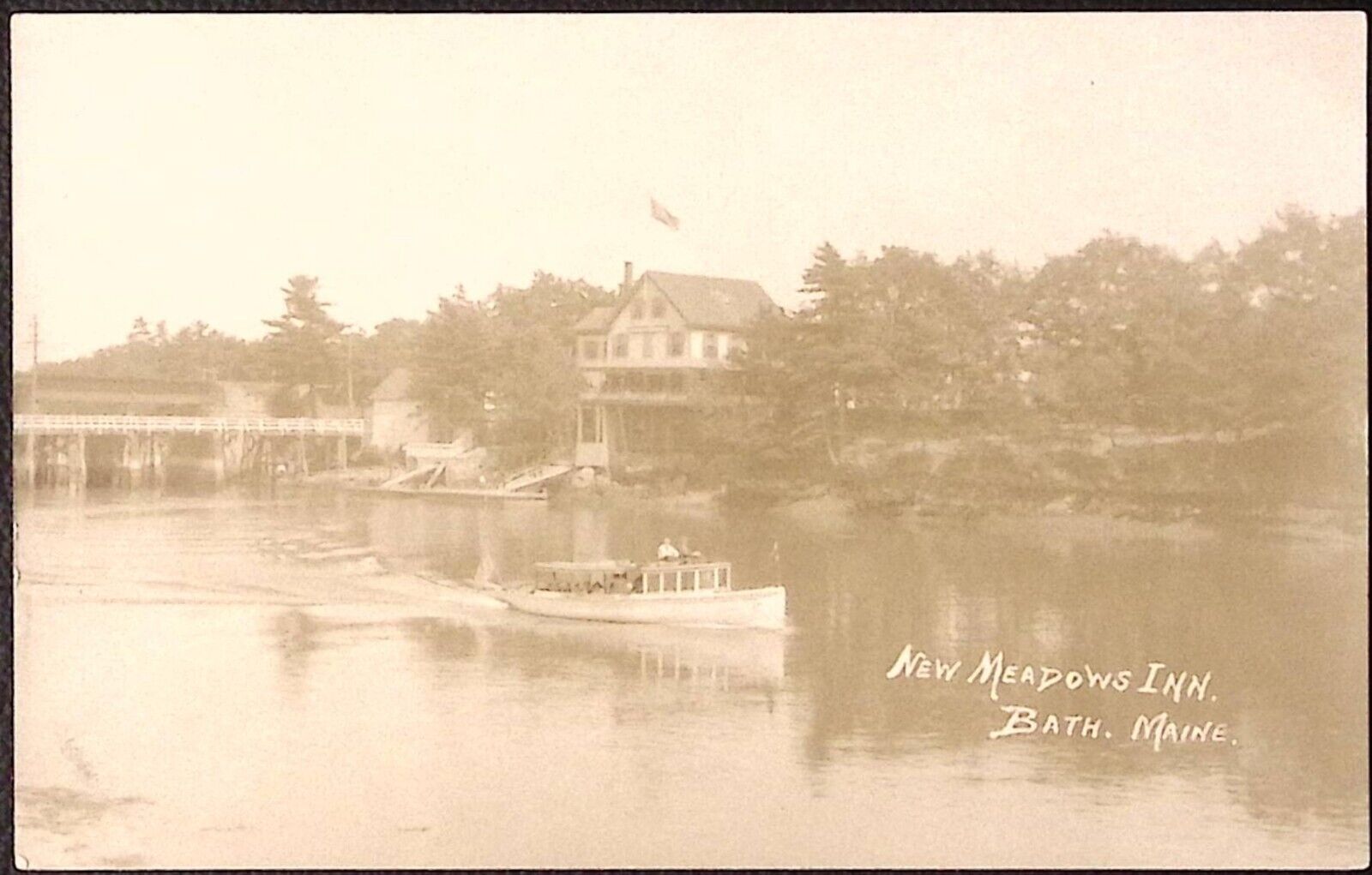 c1910s New Meadows Inn BATH ME Real Photo Postcard Water View Boating